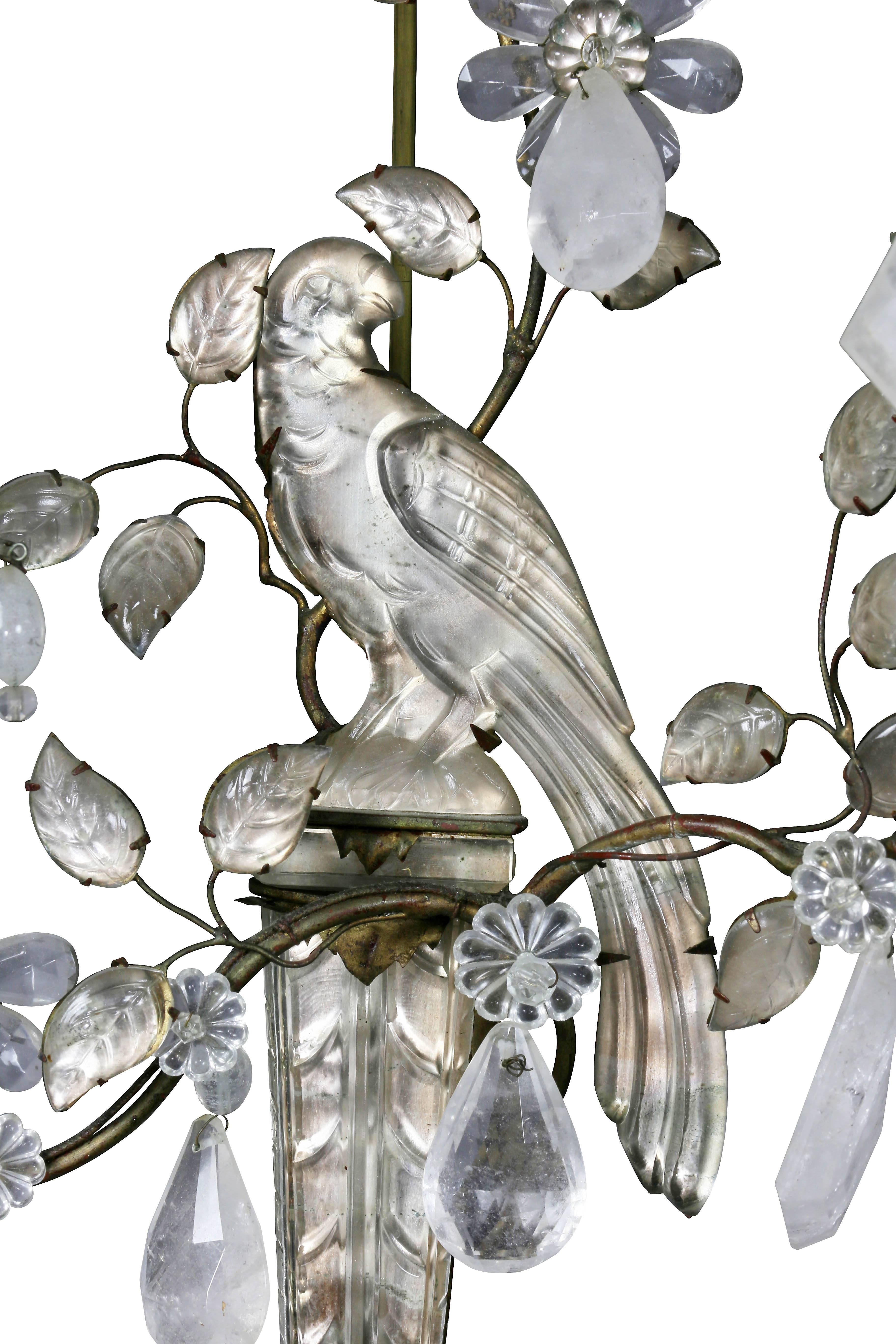 Art Deco Pair of Rock Crystal and Glass Wall Sconces of Parrots by Bagues