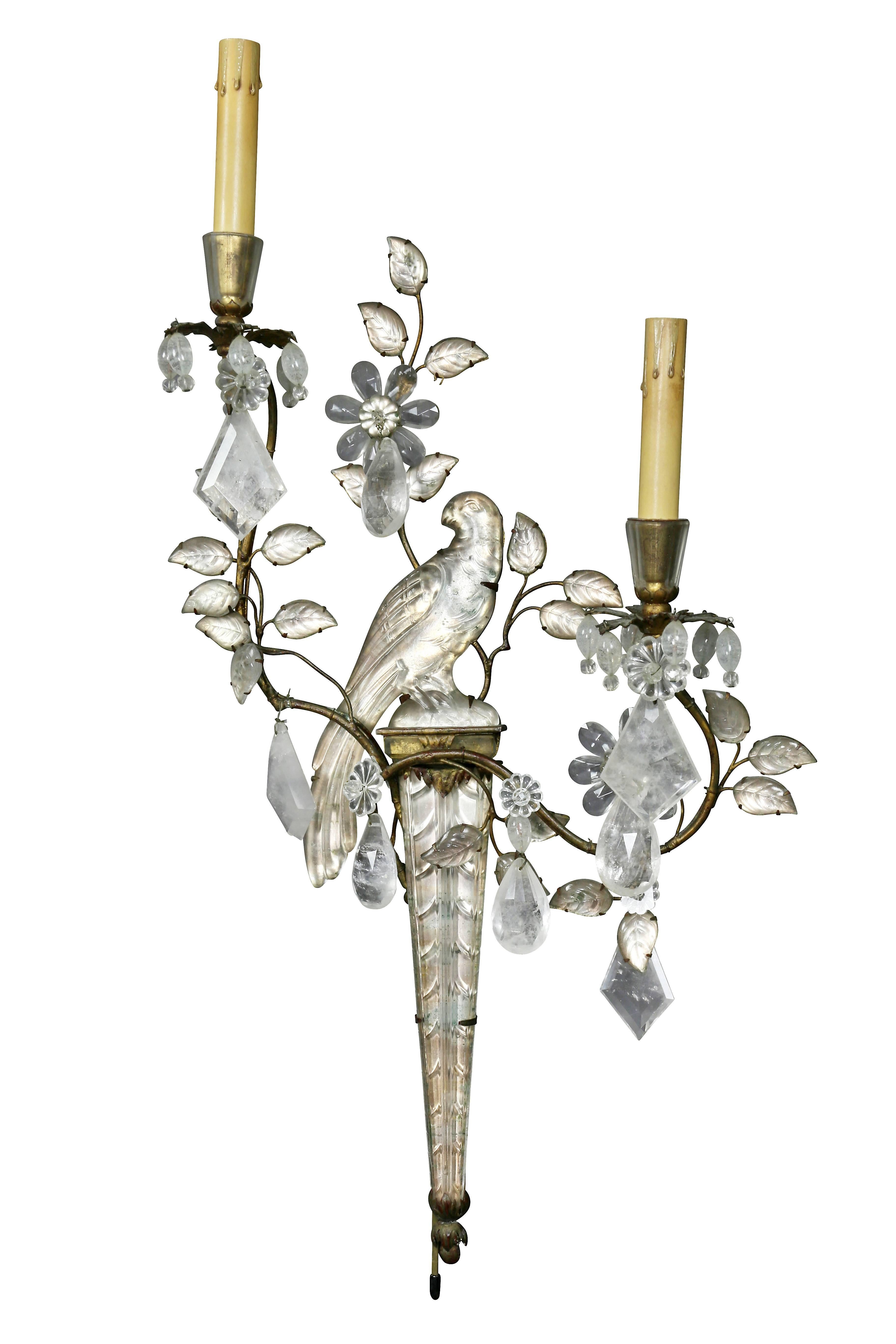 French Pair of Rock Crystal and Glass Wall Sconces of Parrots by Bagues