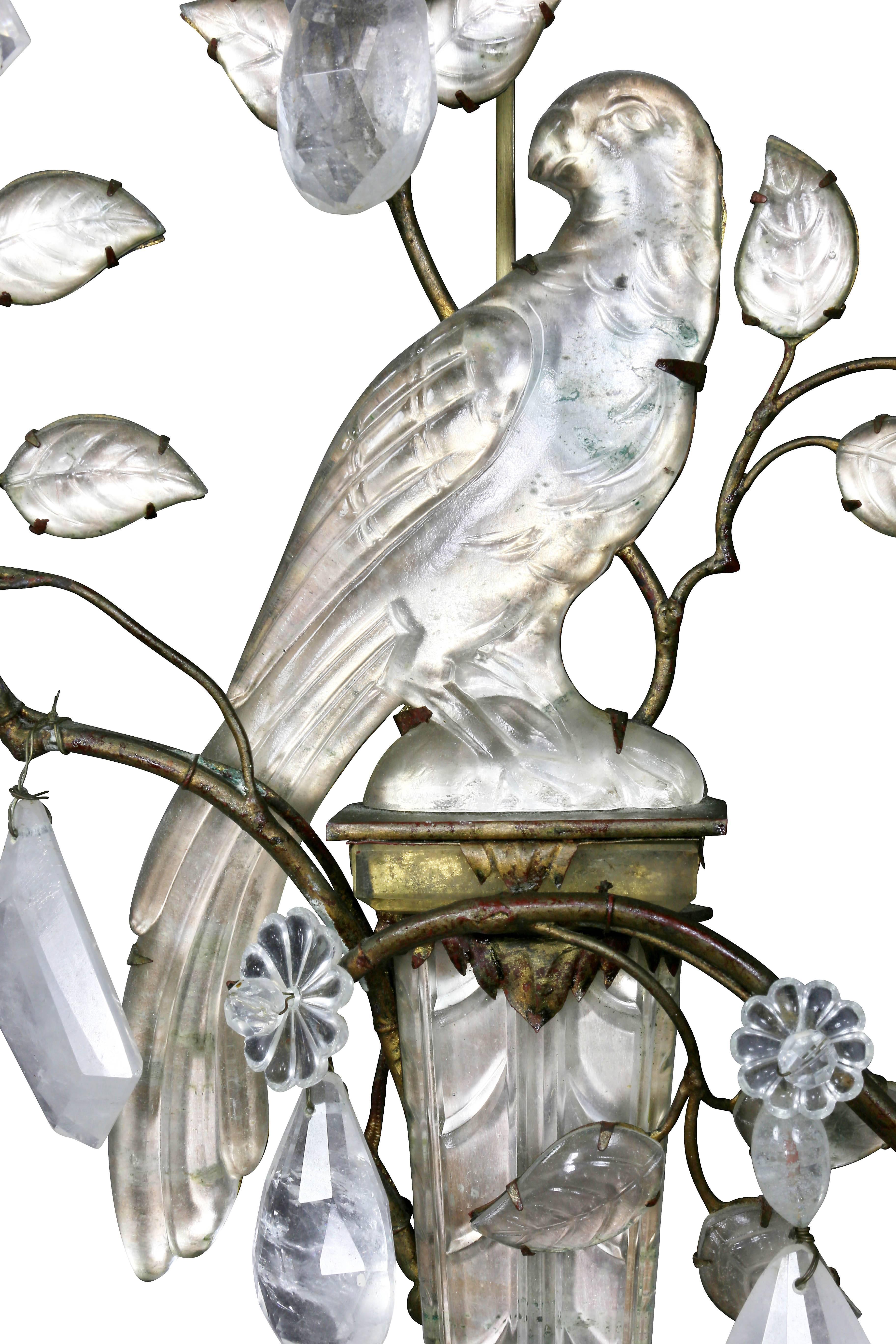 Pair of Rock Crystal and Glass Wall Sconces of Parrots by Bagues In Good Condition In Essex, MA