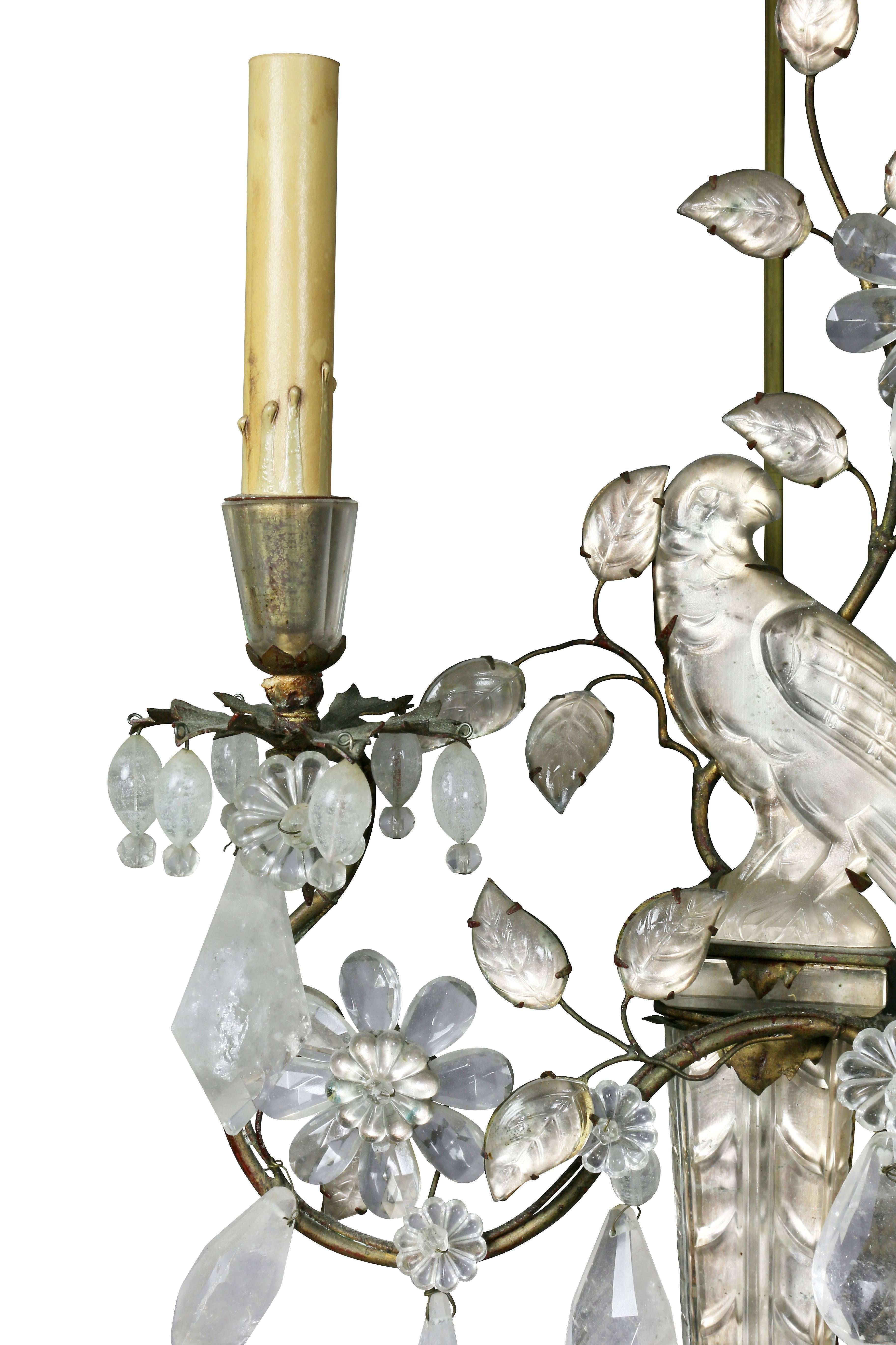 Pair of Rock Crystal and Glass Wall Sconces of Parrots by Bagues 1