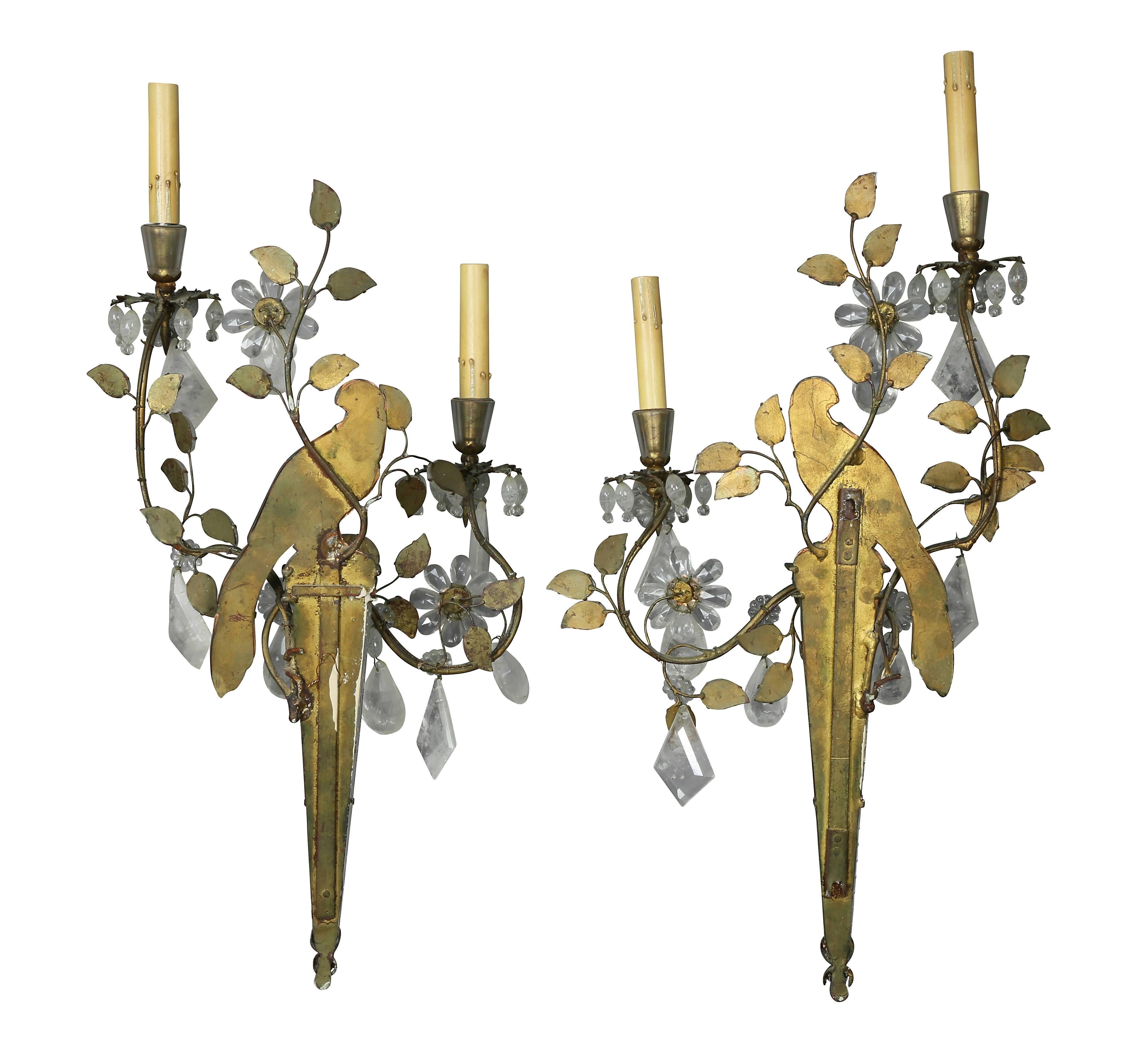 Pair of Rock Crystal and Glass Wall Sconces of Parrots by Bagues 3