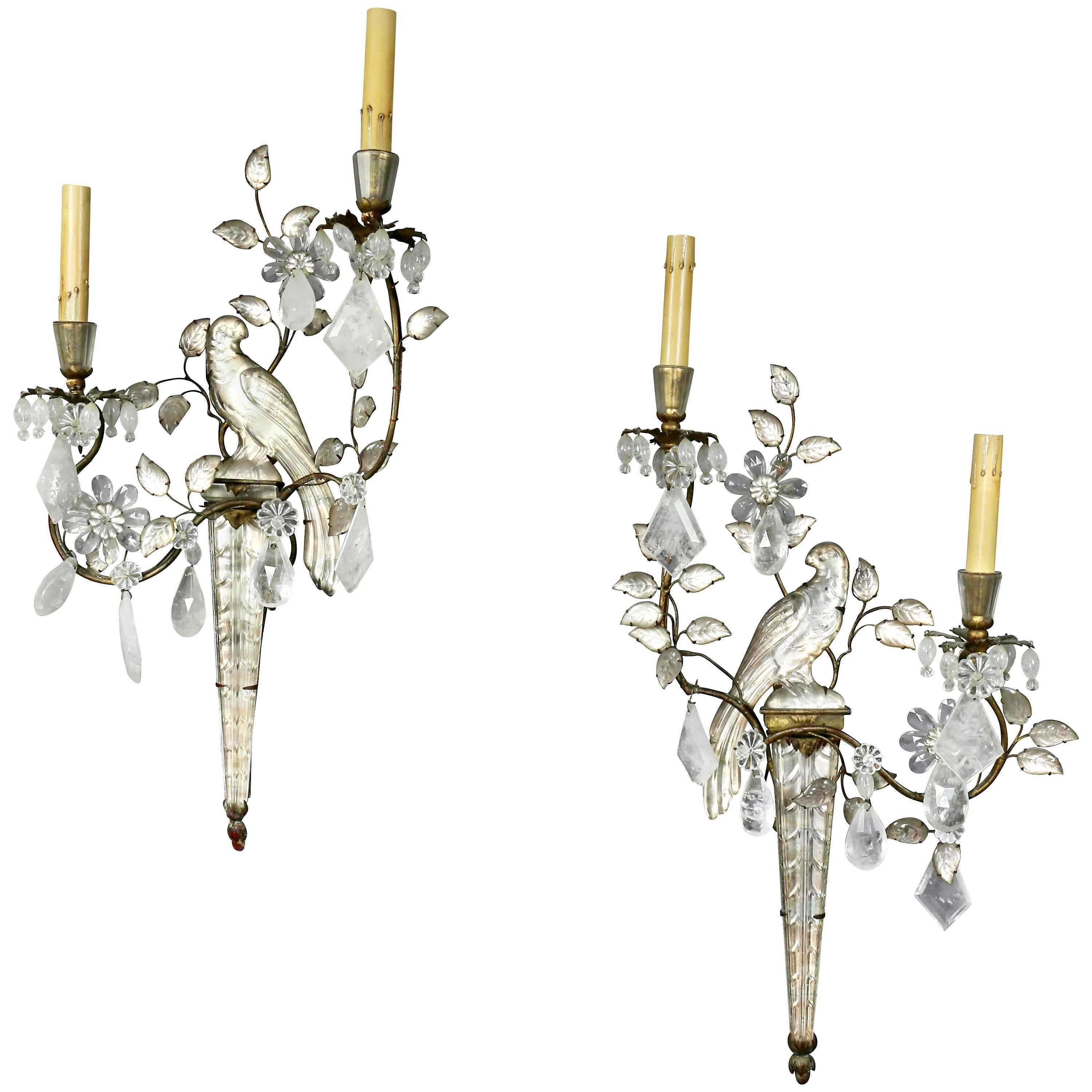 Pair of Rock Crystal and Glass Wall Sconces of Parrots by Bagues