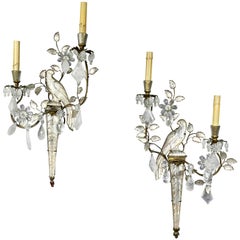Pair of Rock Crystal and Glass Wall Sconces of Parrots by Bagues