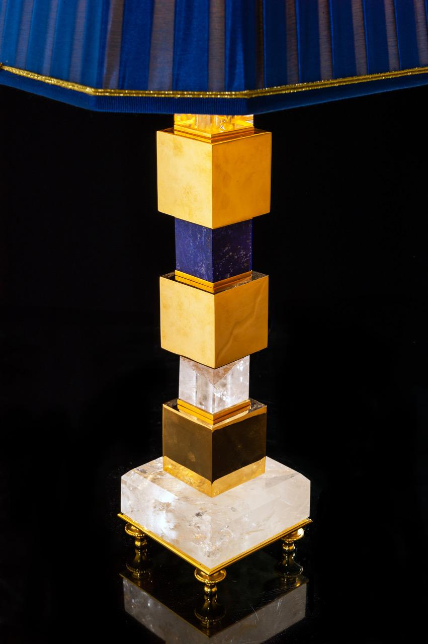 French Pair of Rock Crystal and Malachite and Lapis Lazuli Lamps by Alexandre Vossion For Sale