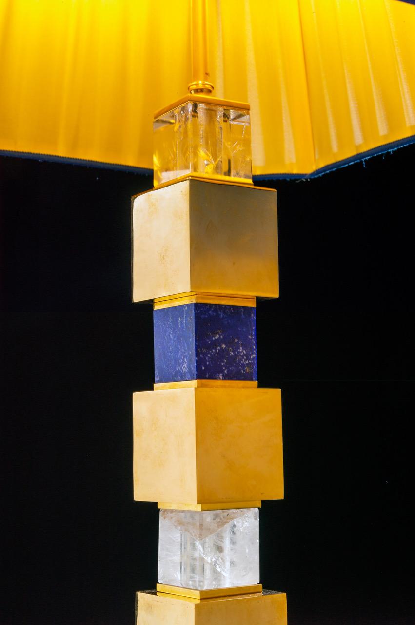 Contemporary Pair of Rock Crystal and Malachite and Lapis Lazuli Lamps by Alexandre Vossion For Sale