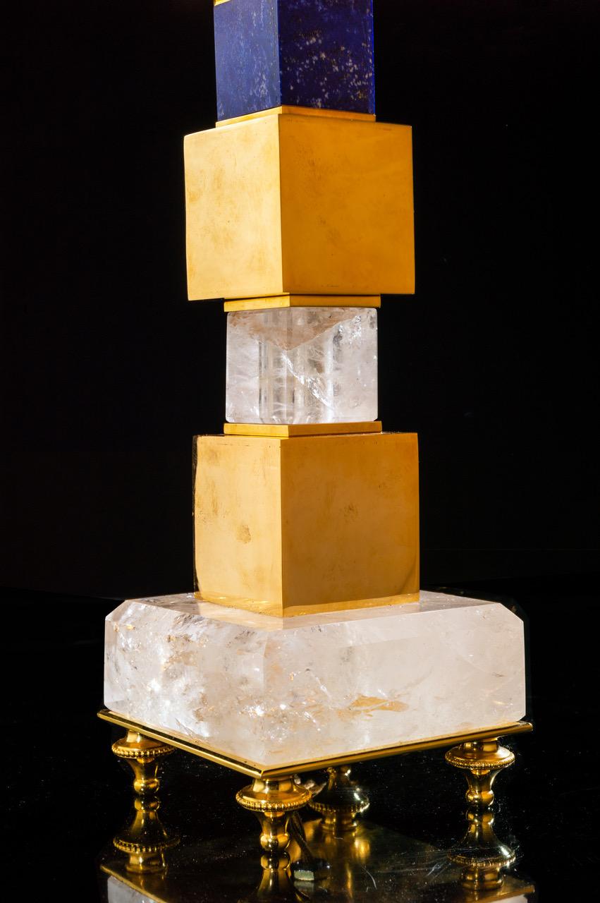Gold Plate Pair of Rock Crystal and Malachite and Lapis Lazuli Lamps by Alexandre Vossion For Sale
