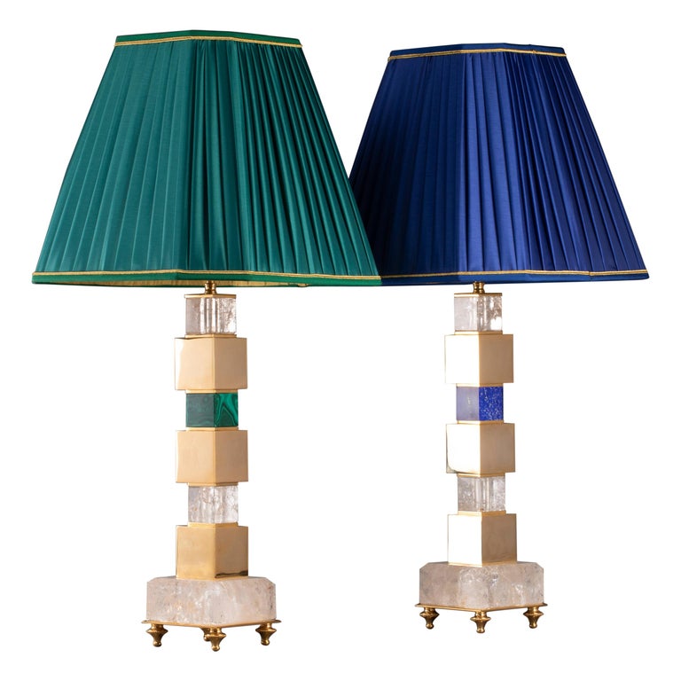 Pair of Rock Crystal and Malachite and Lapis Lazuli Lamps by Alexandre Vossion For Sale