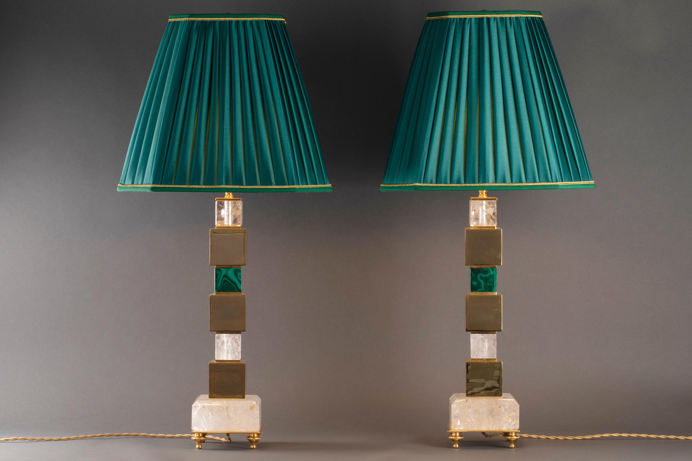 Art Deco Pair of Rock Crystal and Malachite Lamps by Alexandre Vossion For Sale