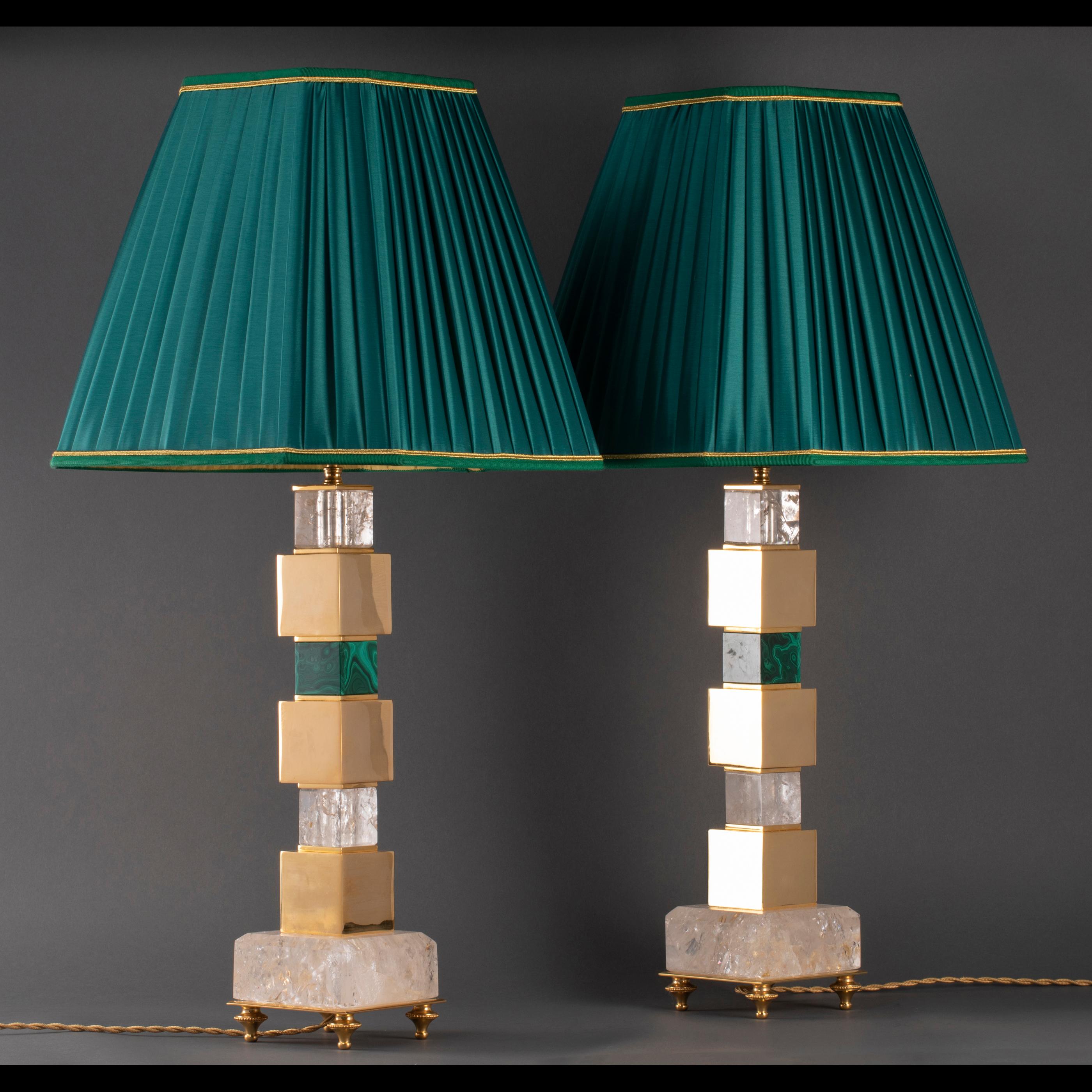 Gold Plate Pair of Rock Crystal and Malachite Lamps by Alexandre Vossion For Sale