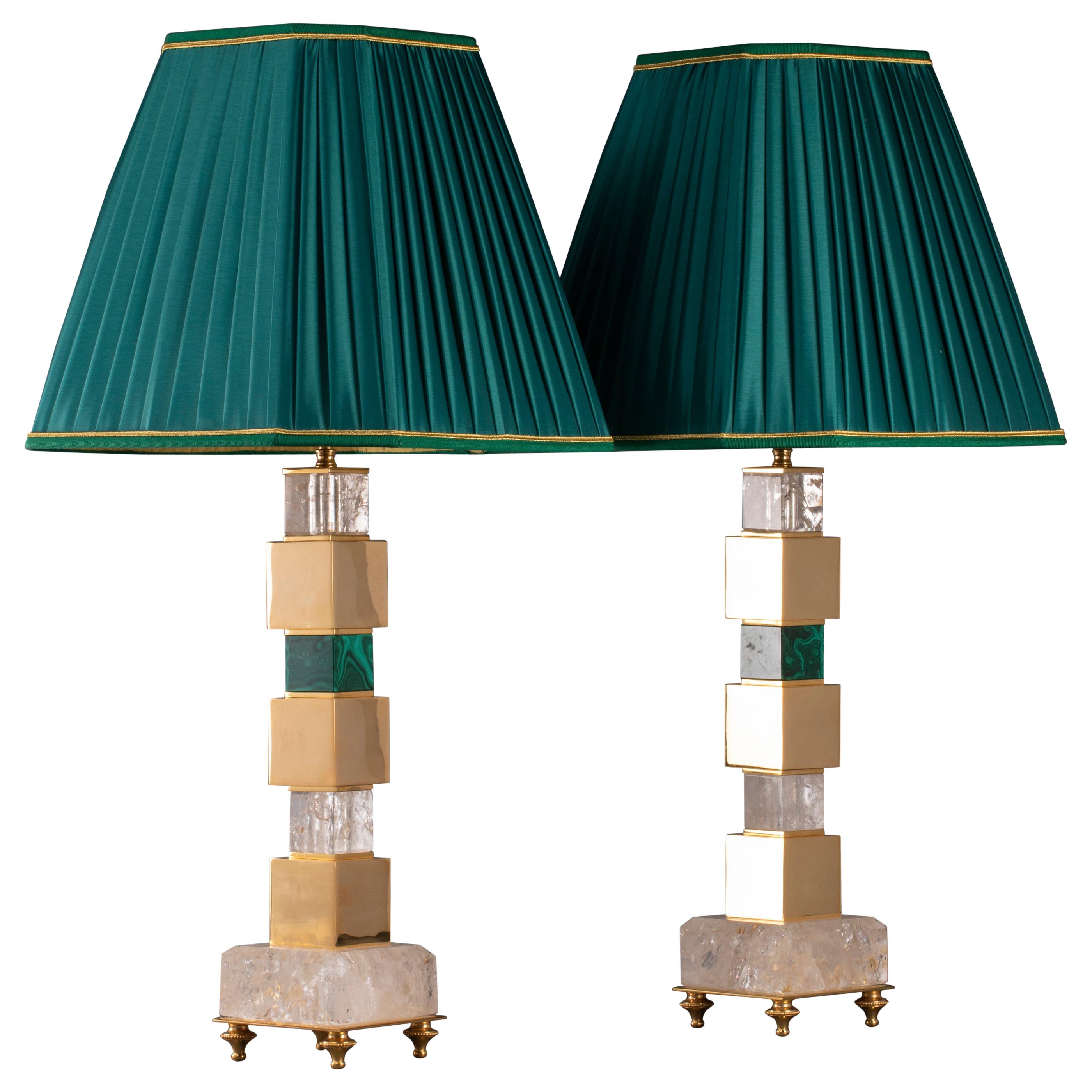 Pair of Rock Crystal and Malachite Lamps by Alexandre Vossion For Sale