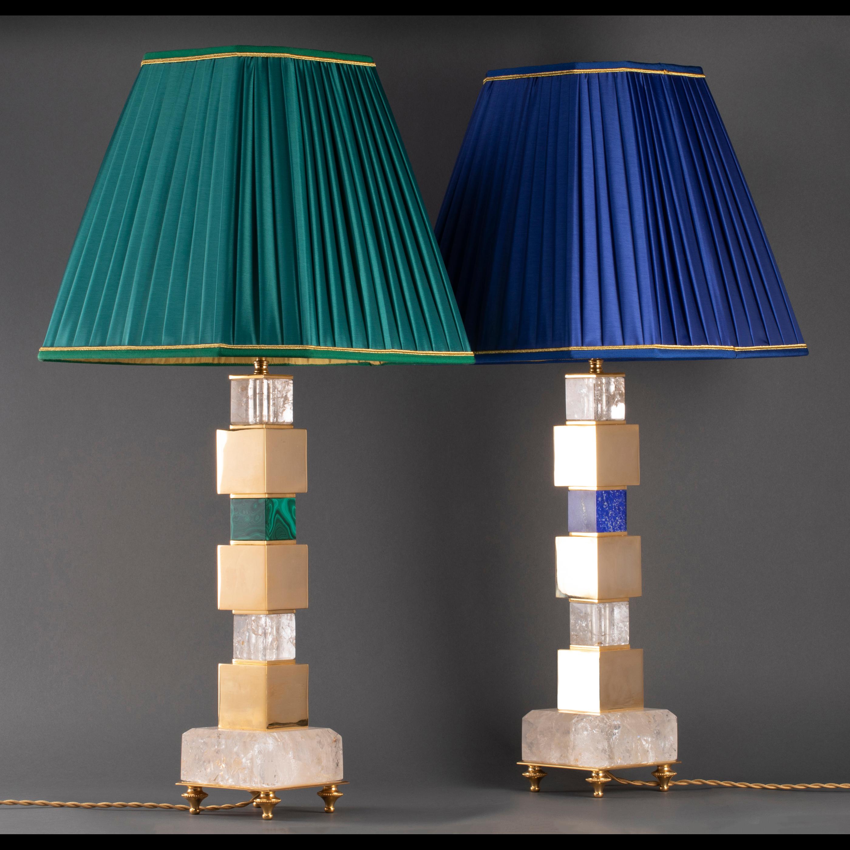 Pair of rock crystal 24-karat gold-plated and malachite lamps.
Handmade in France.
Could be also made in lapis lazuli.
Design by Alexandre Vossion.