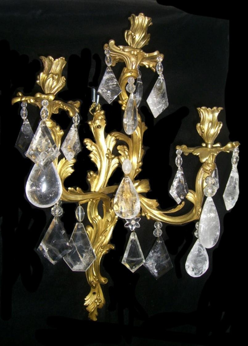 Hand-Crafted Pair of Rock Crystal and Ormolu Sconces, 19th Century For Sale