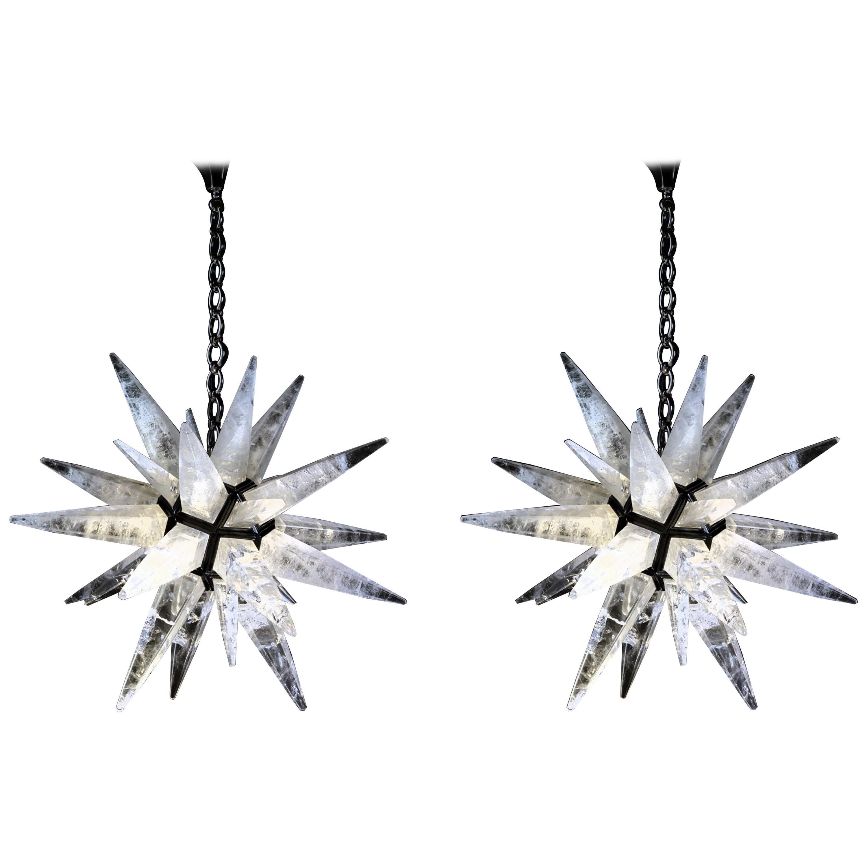 Pair of Rock Crystal Art Deco Style Black Star Lightings by Alexandre Vossion