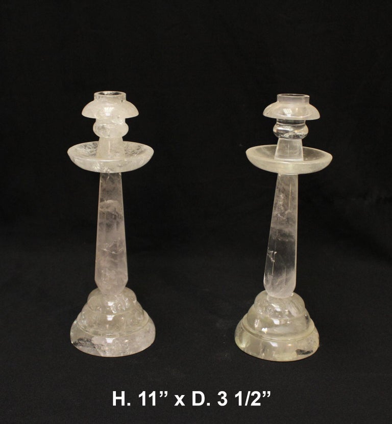 Pair of Rock Crystal Candlesticks with Eight Faceted Sides For Sale at