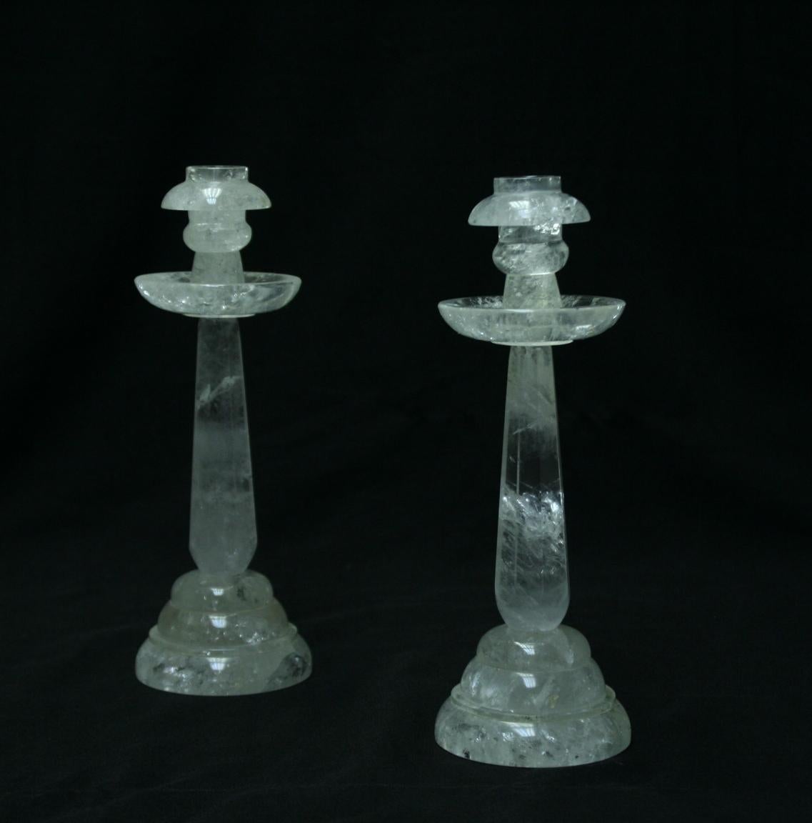 Hand-Carved Pair of Rock Crystal Candlesticks with Eight Faceted Sides For Sale