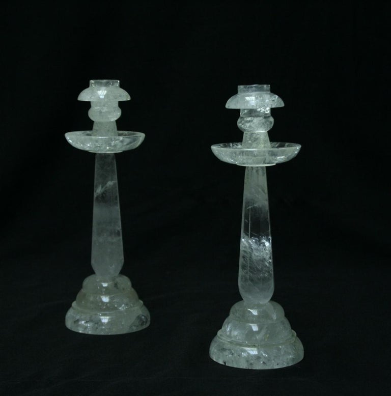 Pair of Rock Crystal Candlesticks with Eight Faceted Sides For Sale at