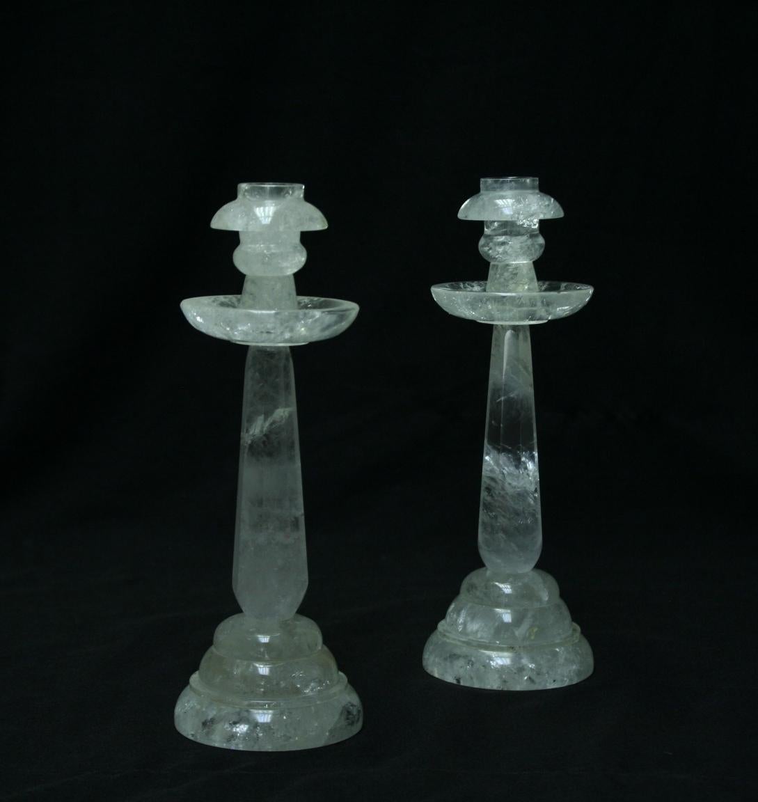 Pair of Rock Crystal Candlesticks with Eight Faceted Sides In Excellent Condition For Sale In Cypress, CA