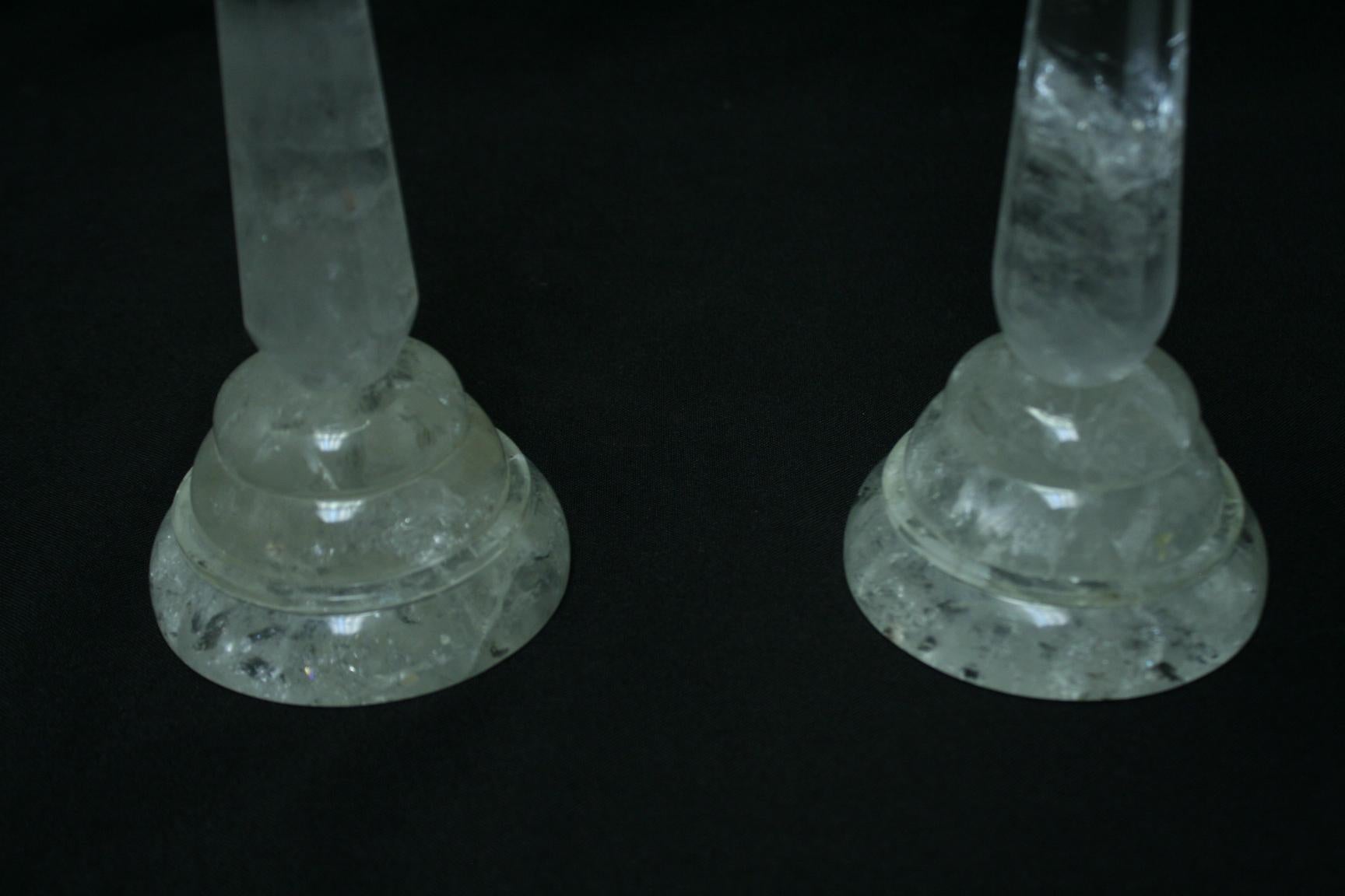Contemporary Pair of Rock Crystal Candlesticks with Eight Faceted Sides For Sale