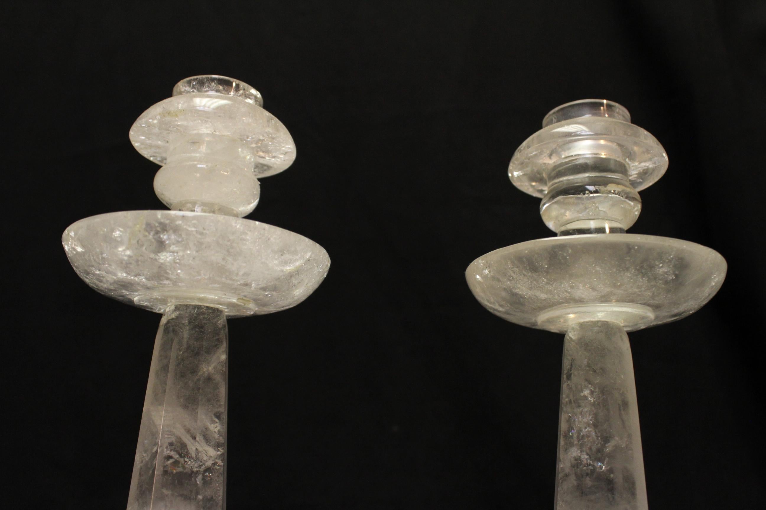 Pair of Rock Crystal Candlesticks with Eight Faceted Sides For Sale 2