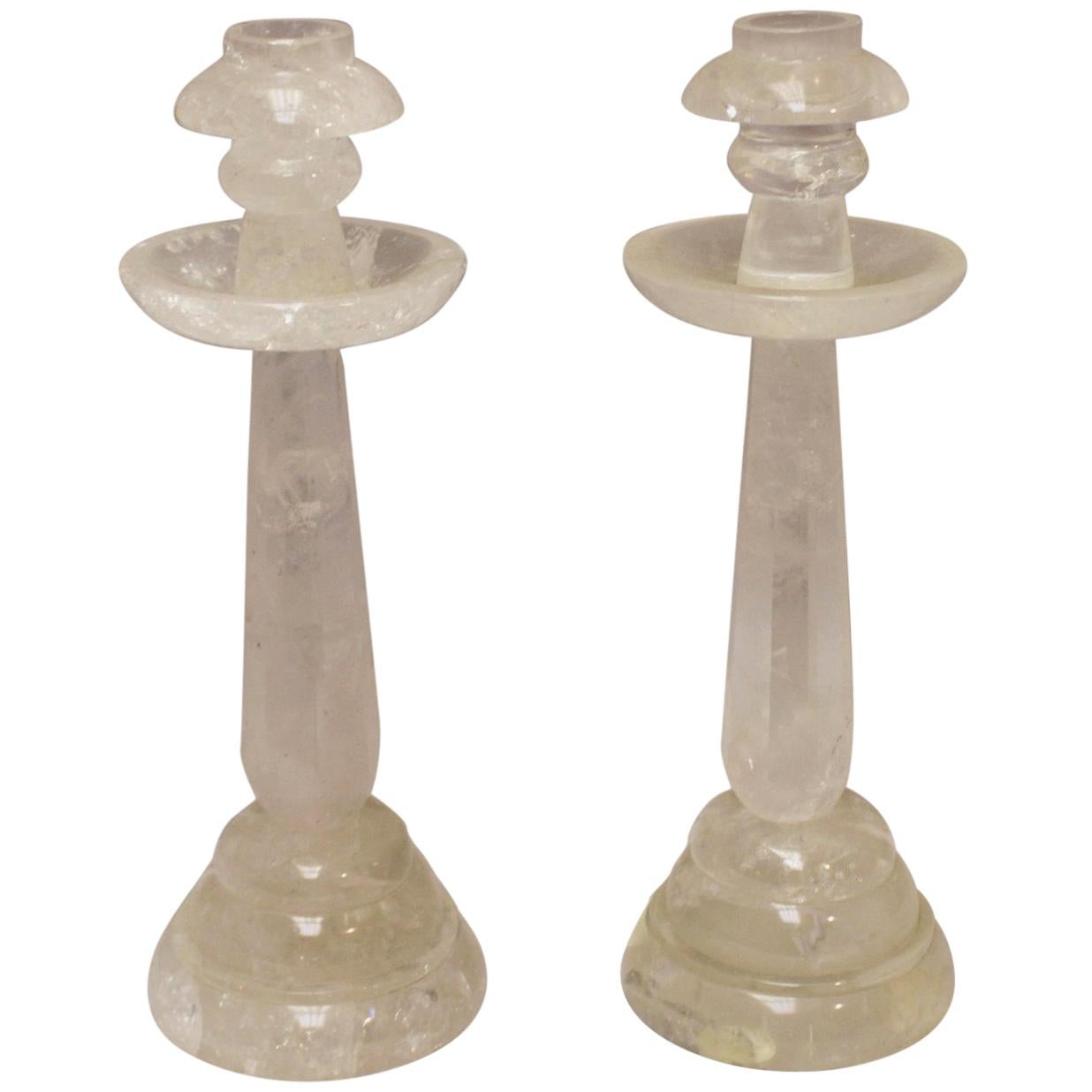 Pair of Rock Crystal Candlesticks with Eight Faceted Sides For Sale