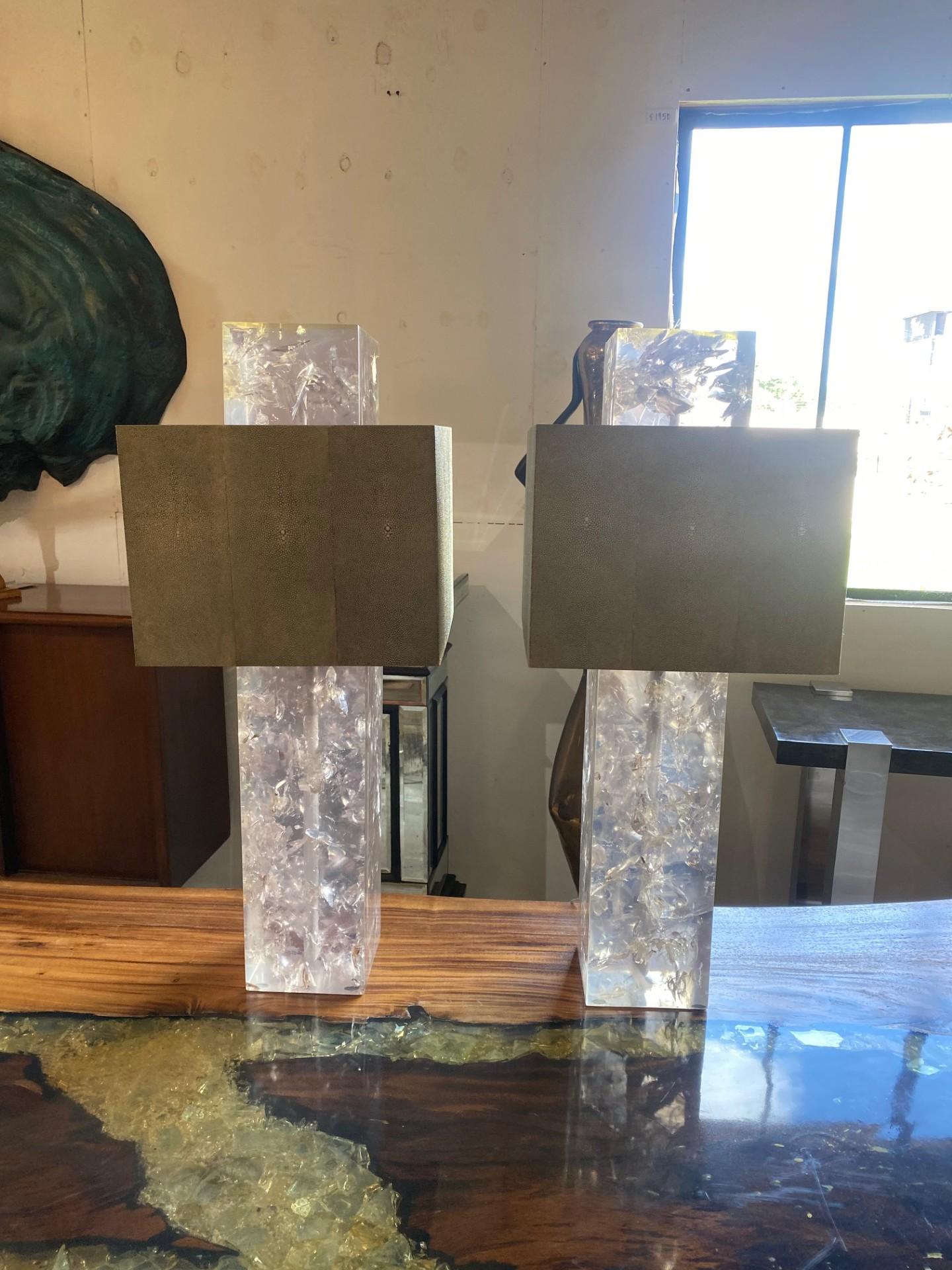 Pair of Rock Crystal Effect Table Lamps with Shagreen Shades For Sale 5