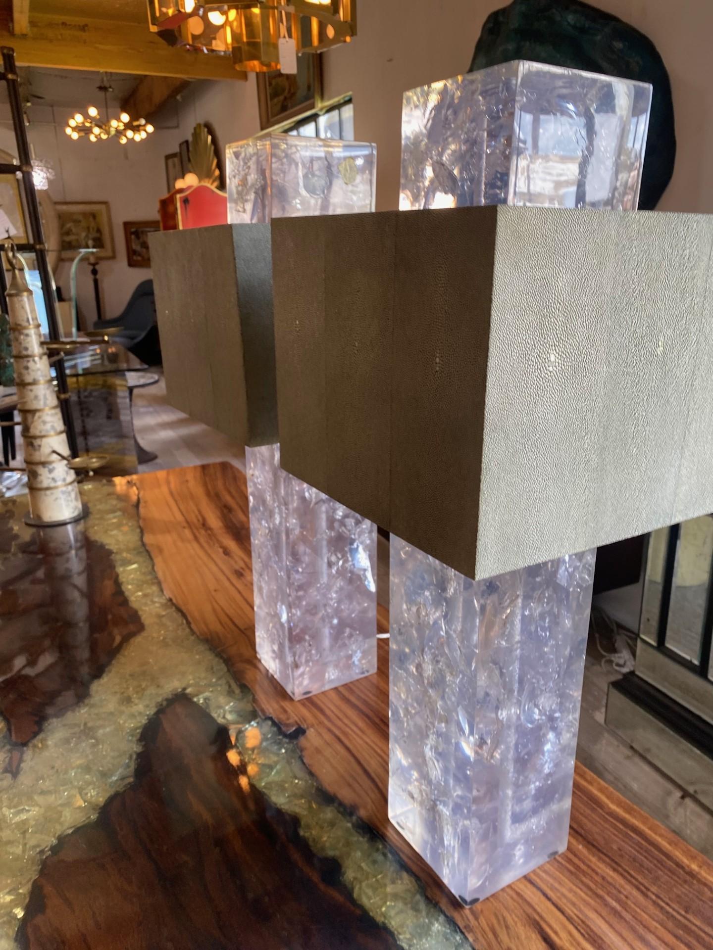 Pair of Rock Crystal Effect Table Lamps with Shagreen Shades For Sale 6