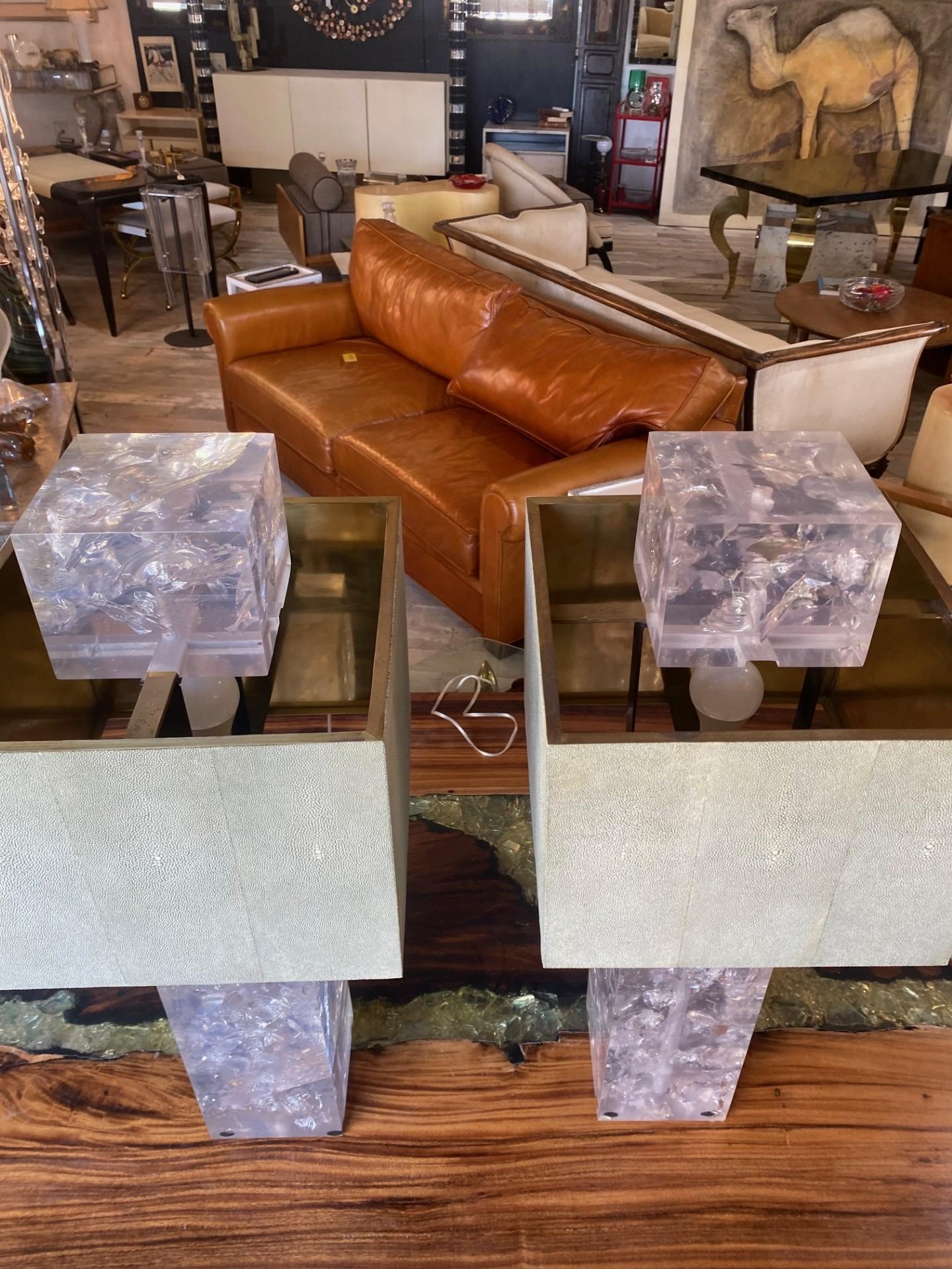 Pair of Rock Crystal Effect Table Lamps with Shagreen Shades For Sale 7