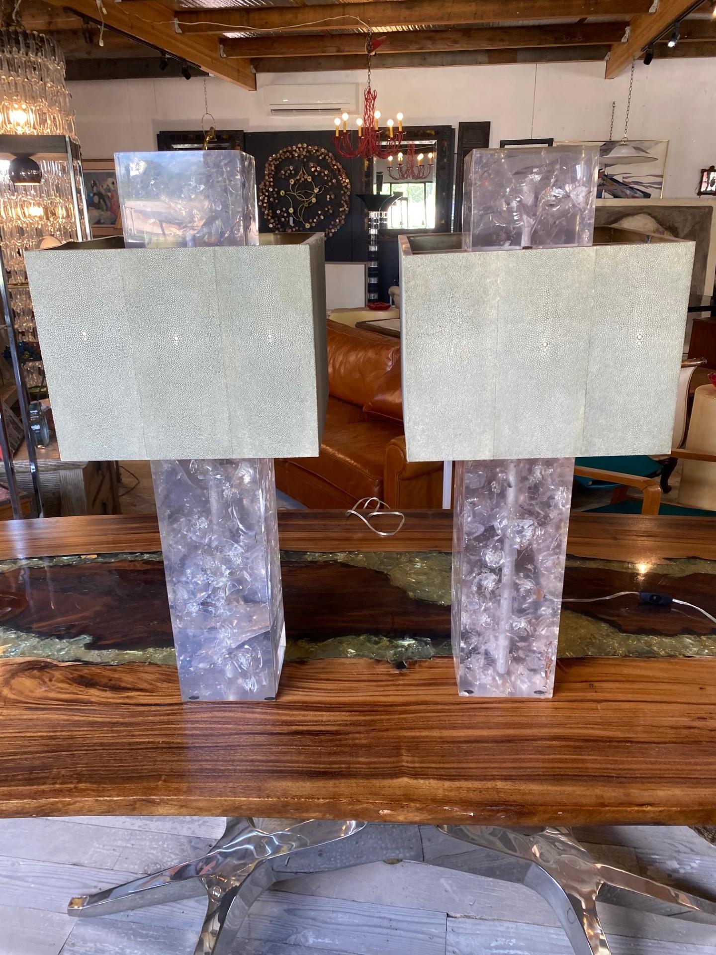 Contemporary Pair of Rock Crystal Effect Table Lamps with Shagreen Shades For Sale