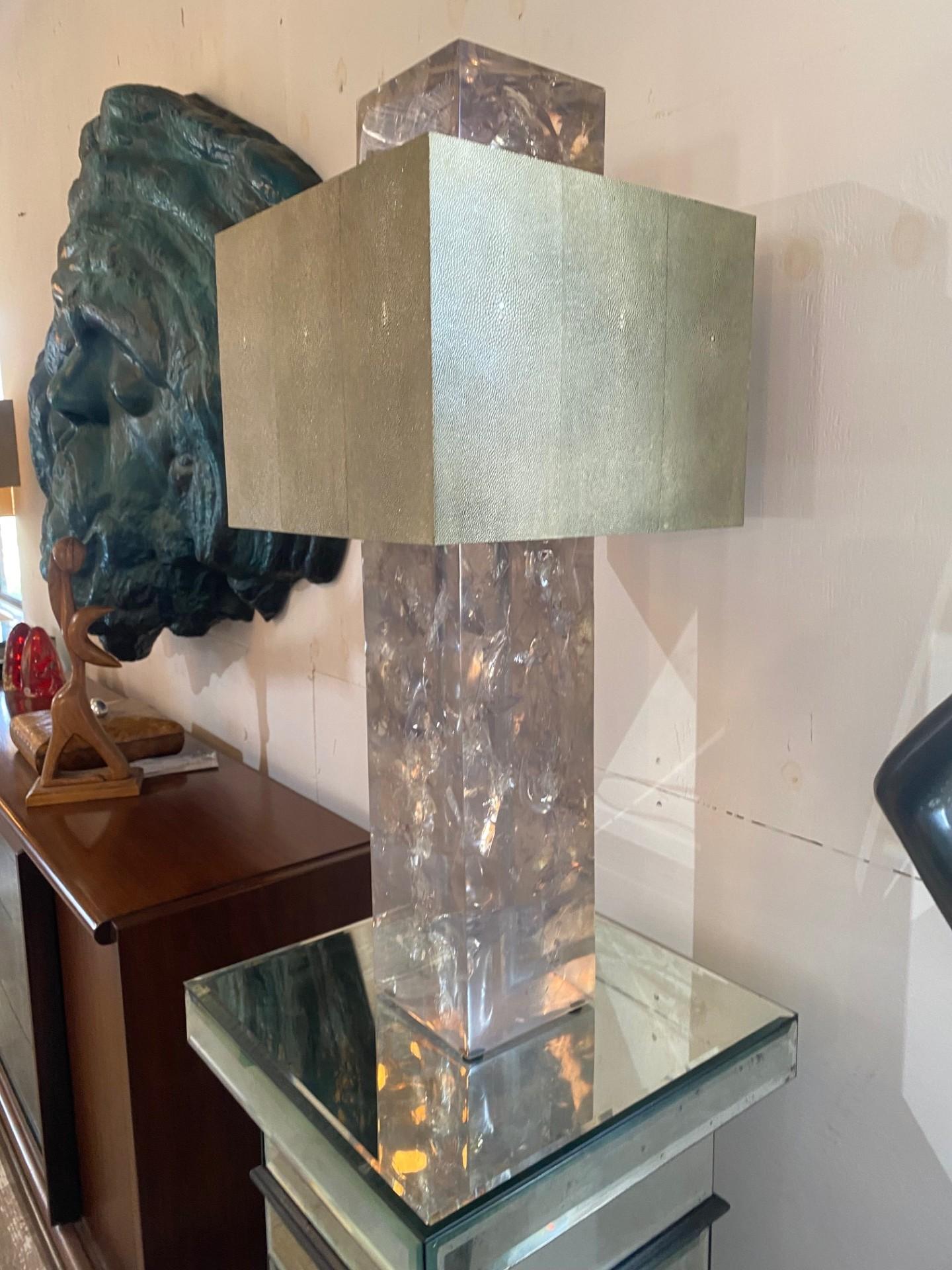Pair of Rock Crystal Effect Table Lamps with Shagreen Shades For Sale 3