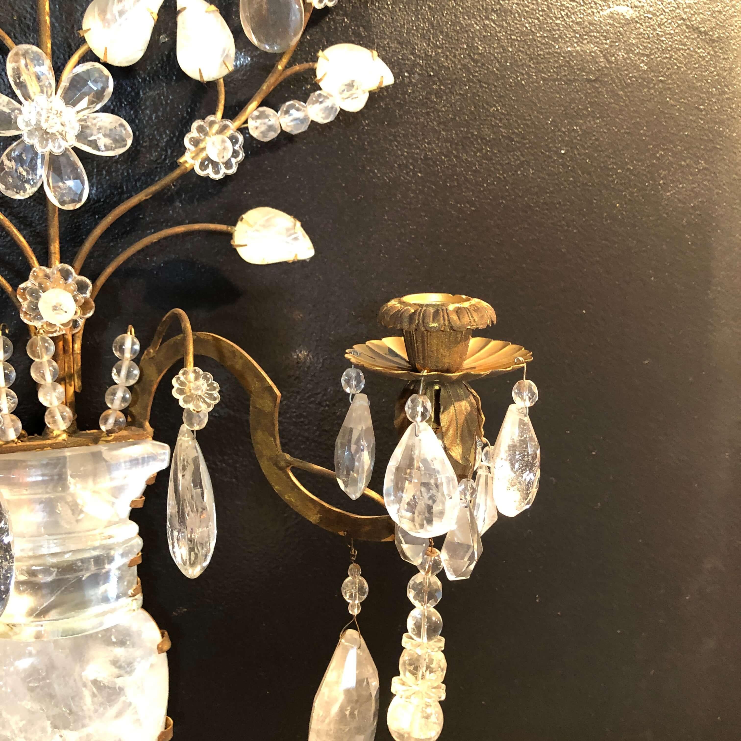 Pair of Rock Crystal Floral Urn Sconces In Excellent Condition In Westwood, NJ