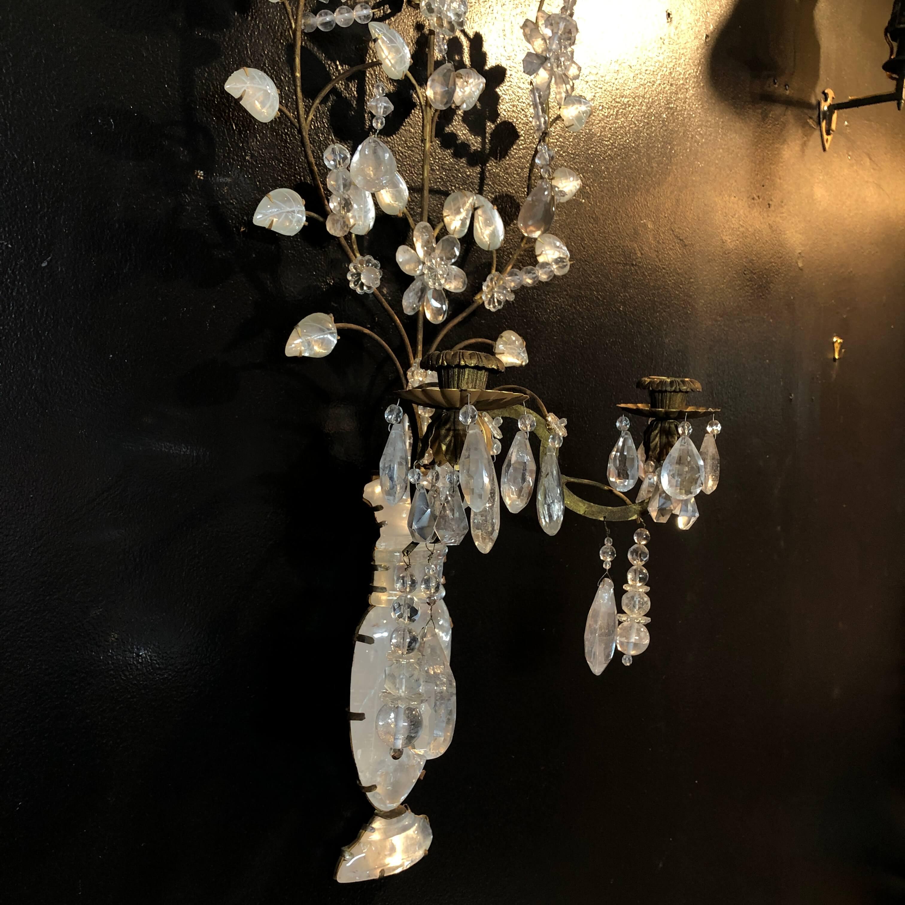20th Century Pair of Rock Crystal Floral Urn Sconces