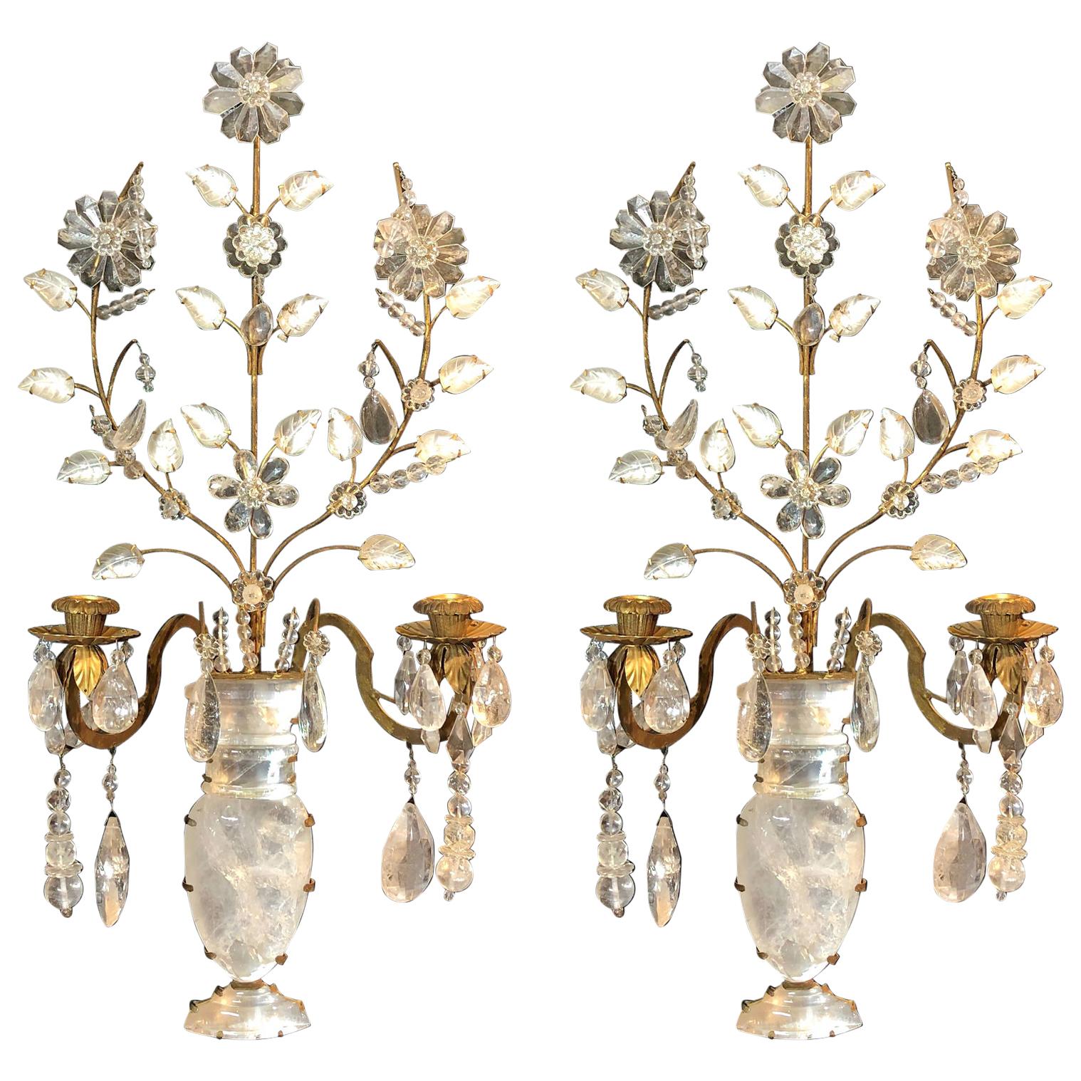 Pair of Rock Crystal Floral Urn Sconces