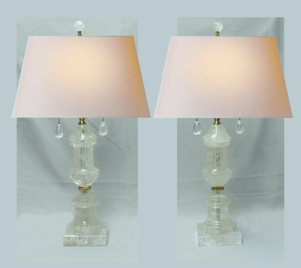 American Pair of Rock Crystal Fluted Urn Lamps For Sale