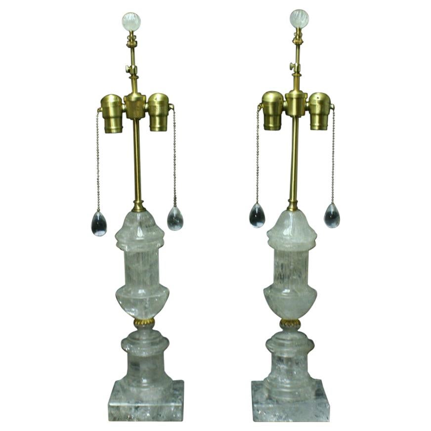 Pair of Rock Crystal Fluted Urn Lamps For Sale