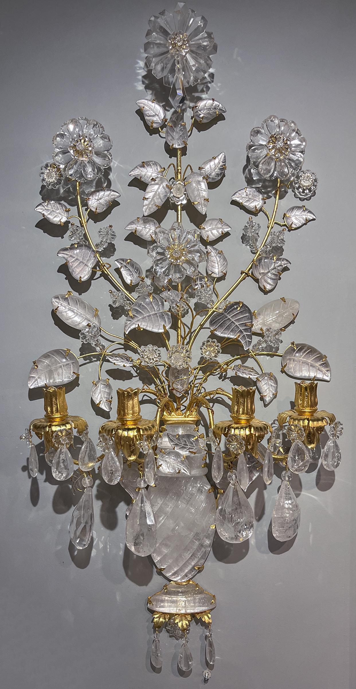 Bronzo Pair of Rock Crystal Four-Light Jardiniere Sconces in vendita