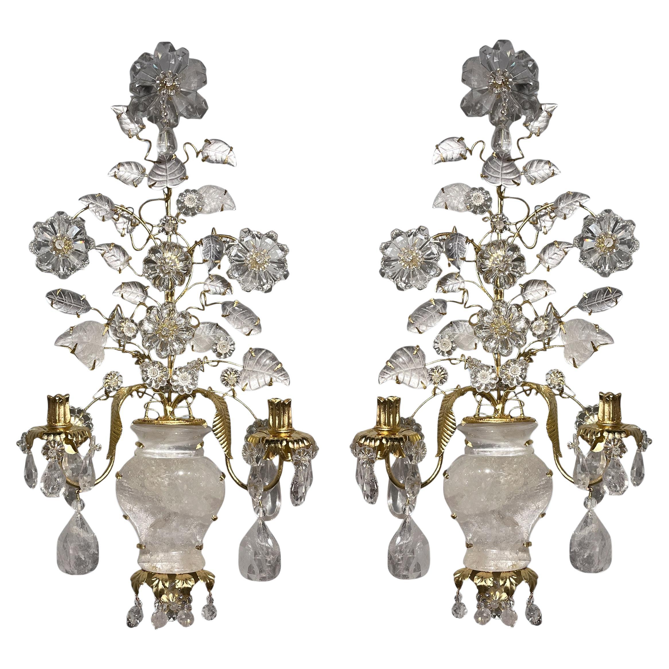 Pair of Rock Crystal Four-Light Jardiniere Sconces in the form of a bellied vases with flowers. Four branches hold gold foiled flower cups with cut crystal flowers with individual petals, and leaves with delicately carved veining and tear drop cut