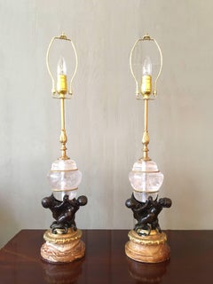 Pair of Rock Crystal Italian Bronze Lamps with Tole Shades
