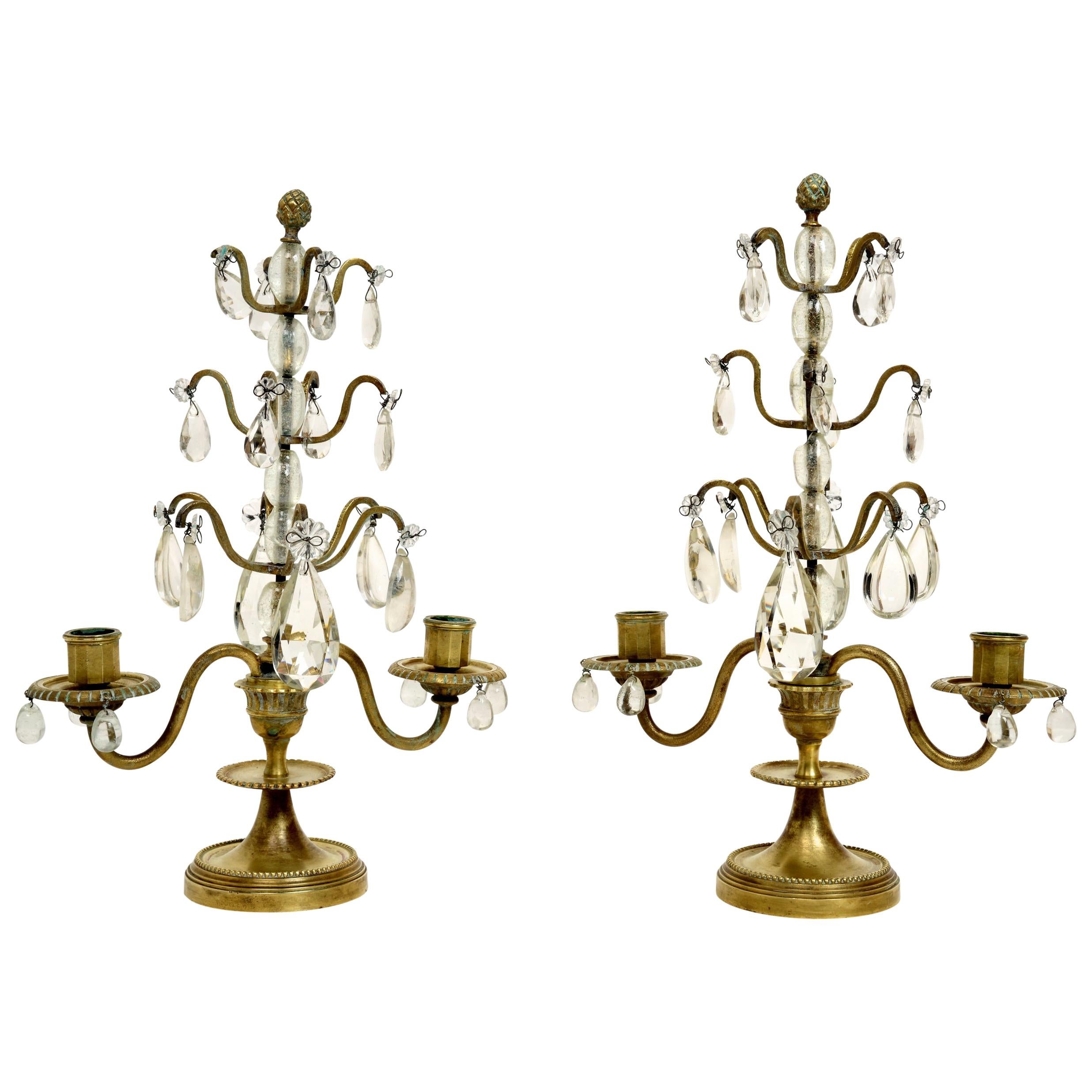 Pair of Rock Crystal, Lead Crystal and Brass Candelabra, Late 19th Century For Sale