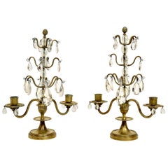 Antique Pair of Rock Crystal, Lead Crystal and Brass Candelabra, Late 19th Century