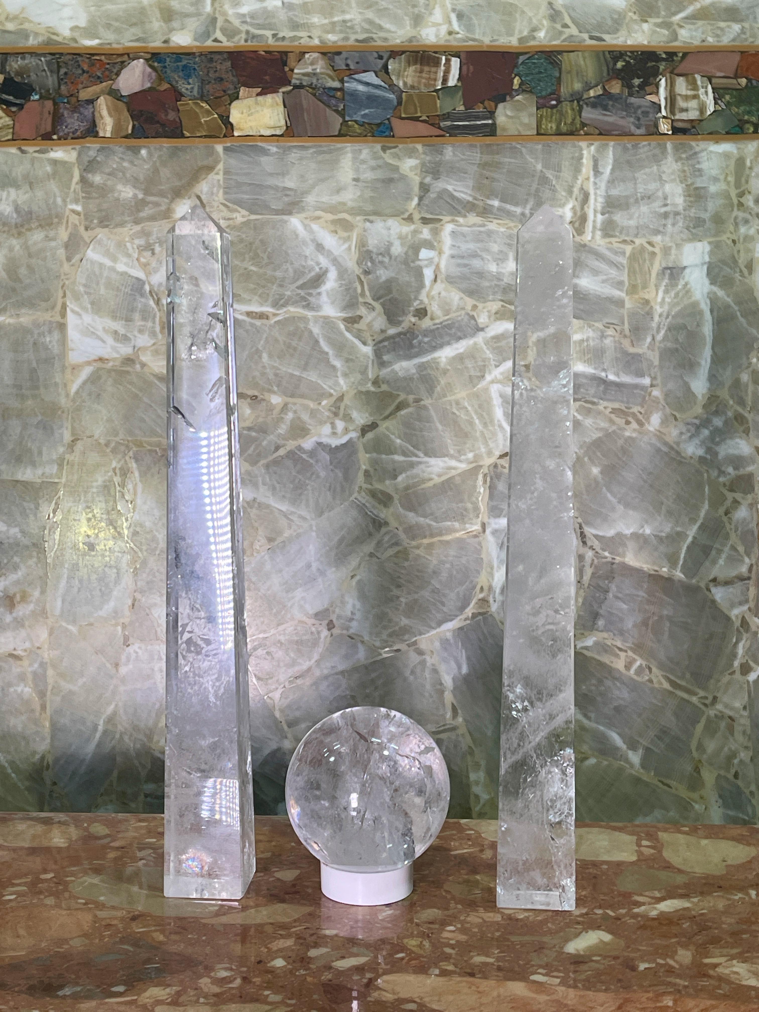 Pair of Rock Crystal Obelisks and Sphere For Sale 5