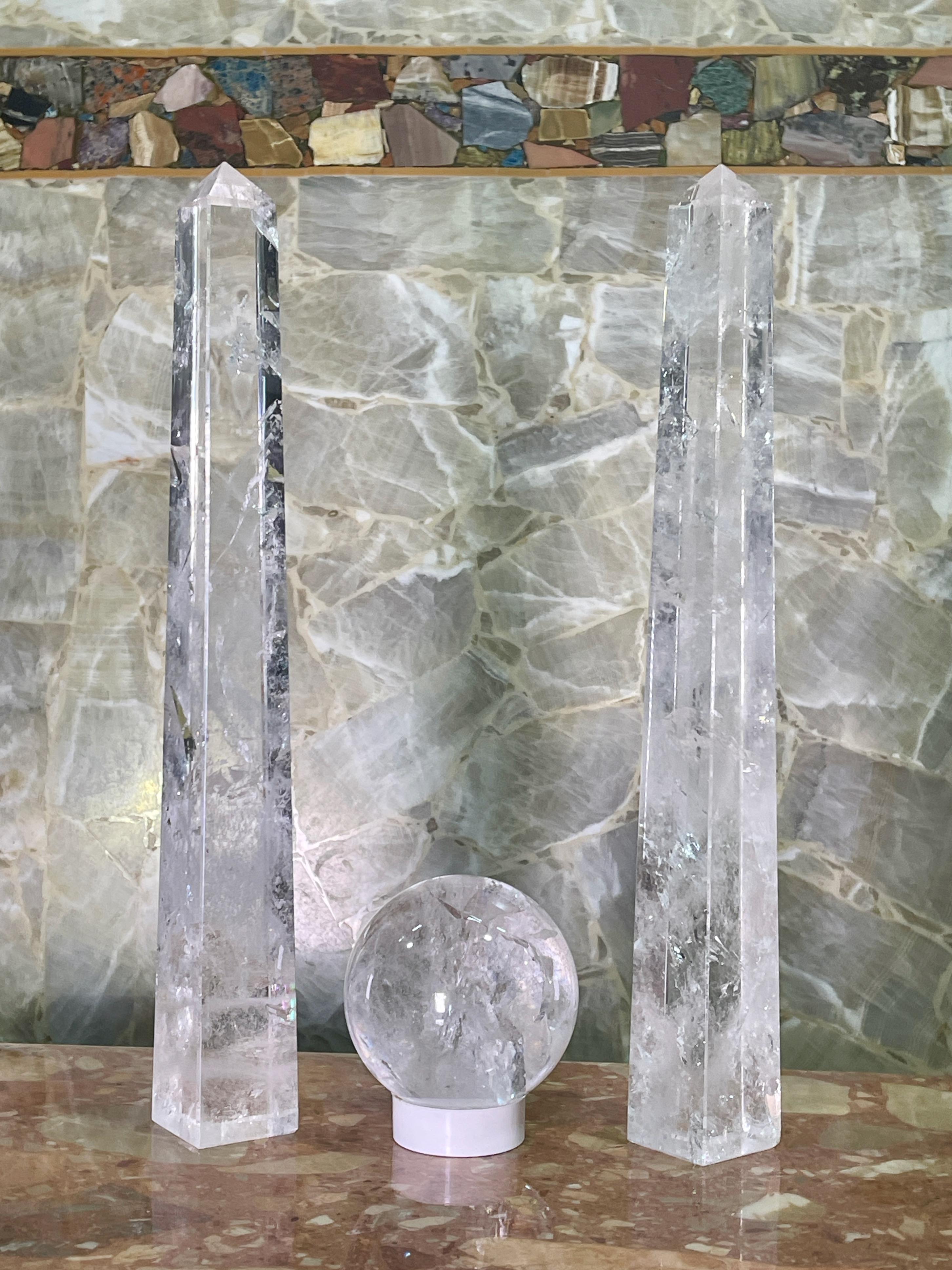 Pair of Rock Crystal Obelisks and Sphere For Sale 6