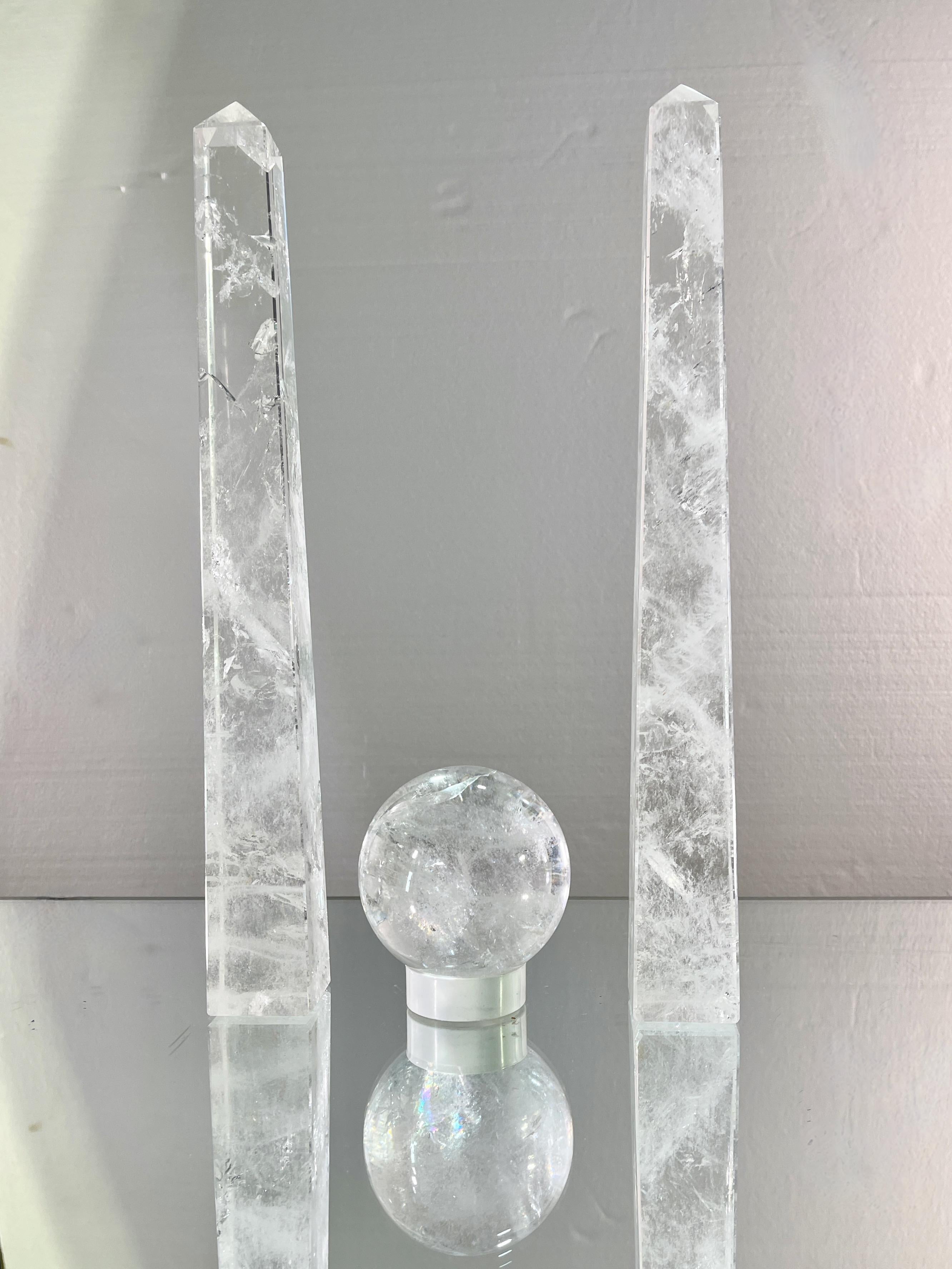Mid-20th Century Pair of Rock Crystal Obelisks and Sphere For Sale