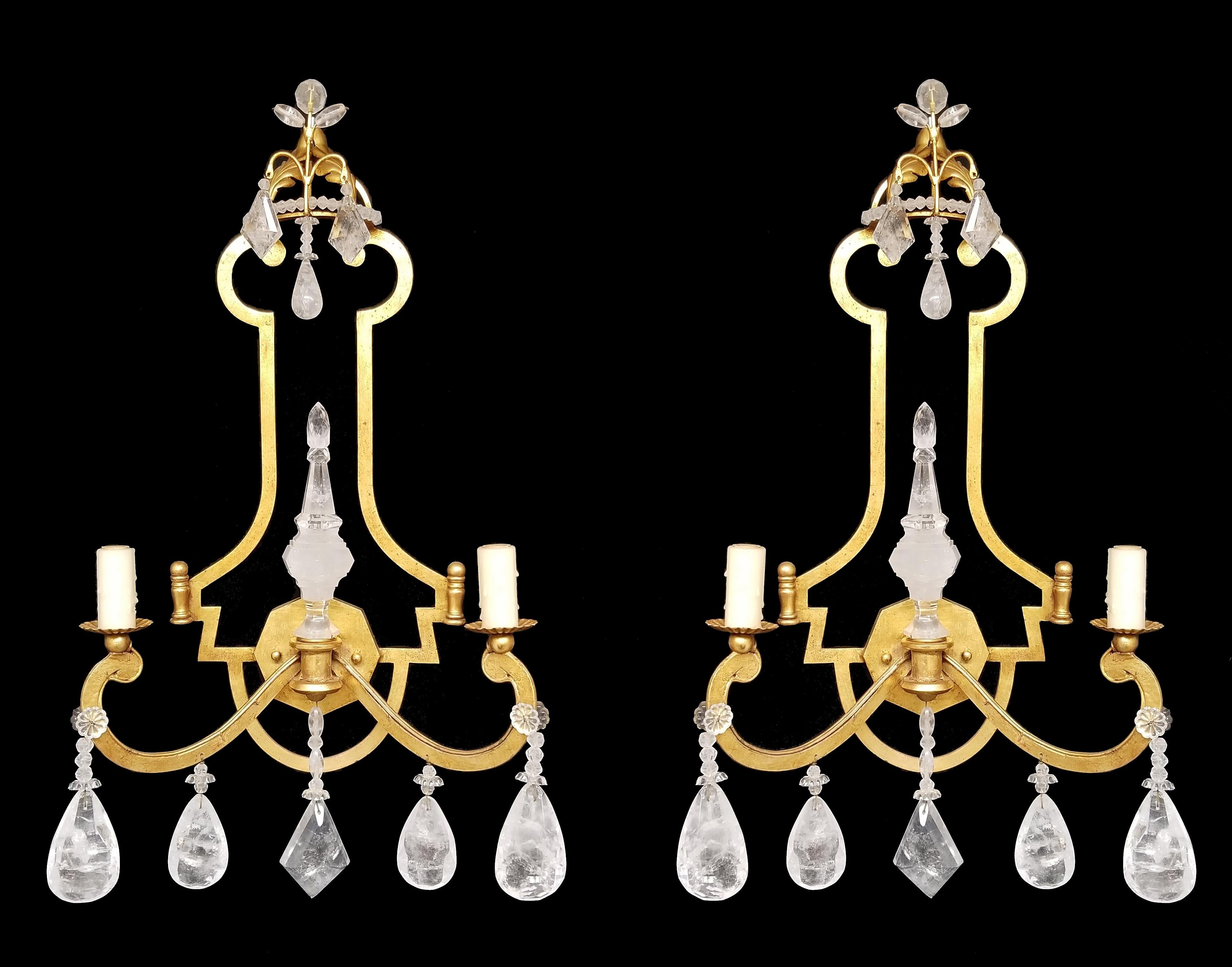 Neoclassical Pair of Rock Crystal Sconces with 22K Gold Leaf For Sale