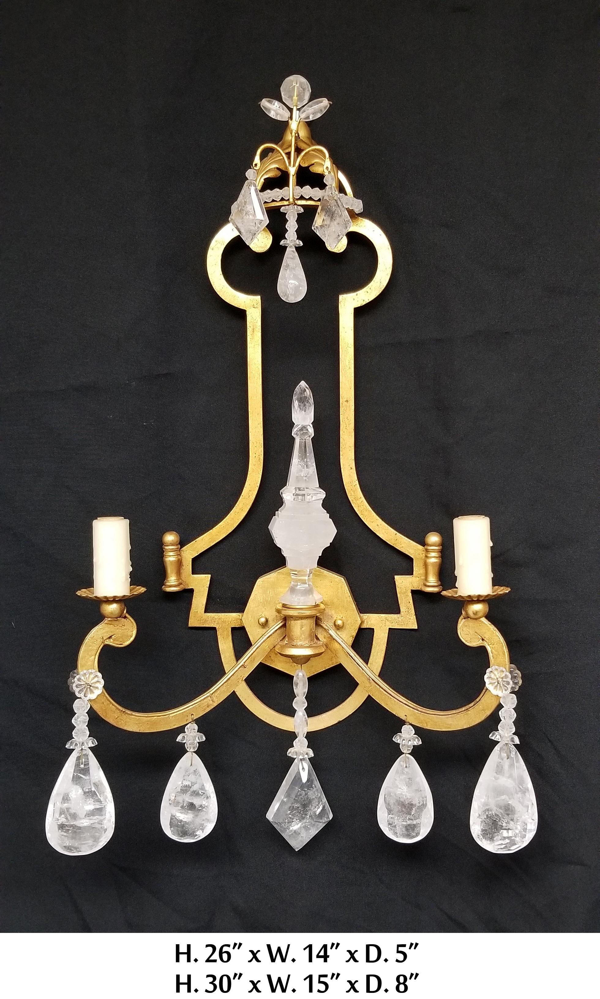American Pair of Rock Crystal Sconces with 22K Gold Leaf For Sale