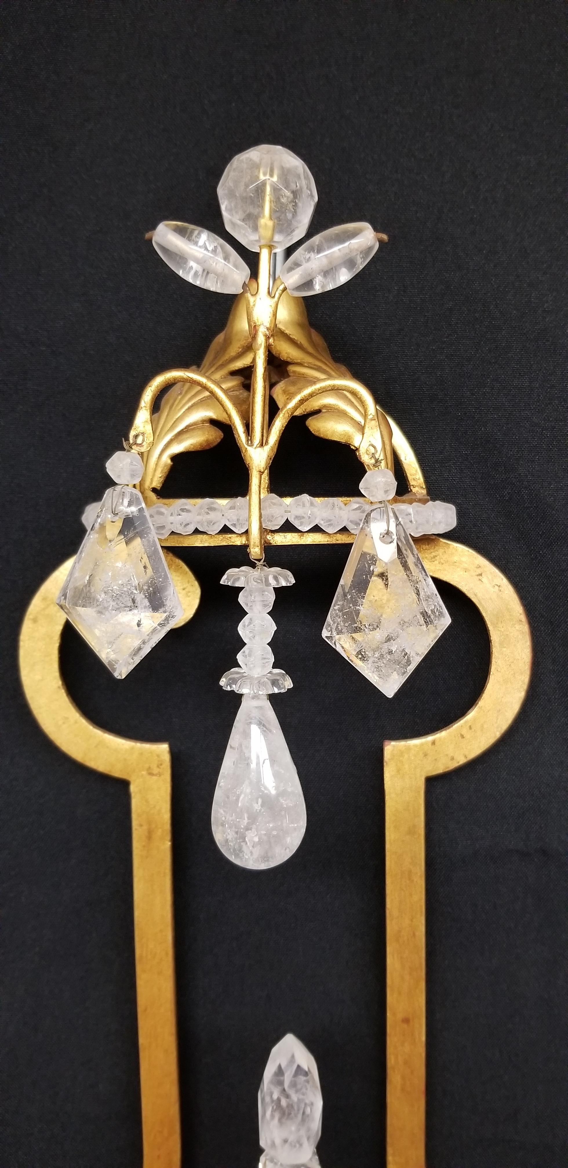 Feuille d'or Paire d'appliques en cristal de roche avec feuille d'or 22 carats en vente