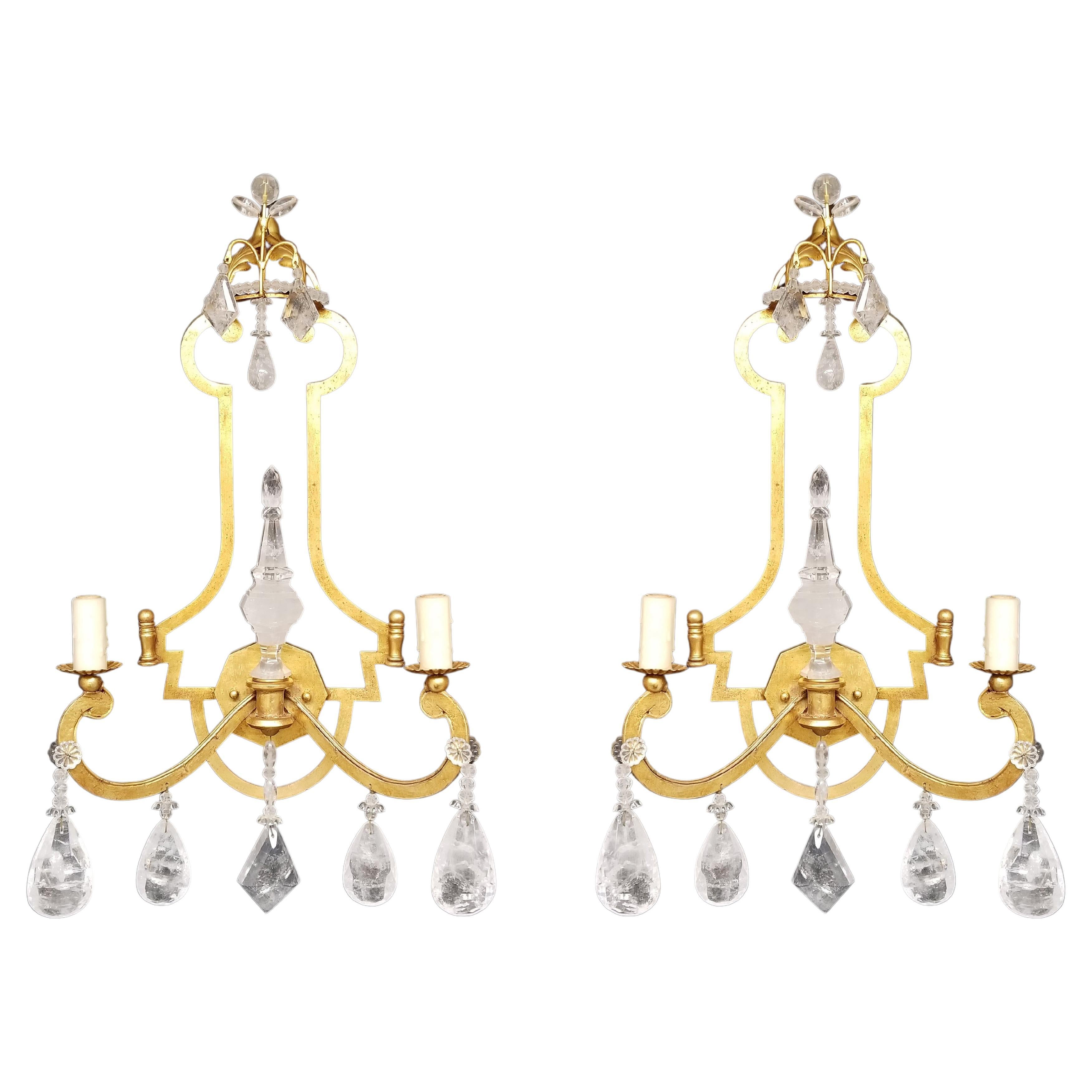 Pair of Rock Crystal Sconces with 22K Gold Leaf For Sale