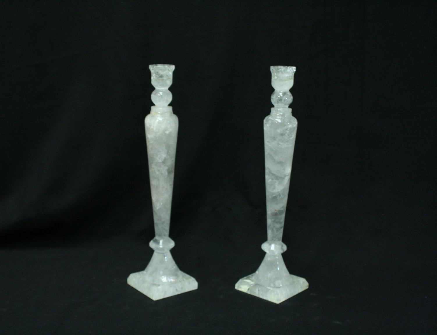 Hand-Carved Pair of Rock Crystal Tall Candlesticks