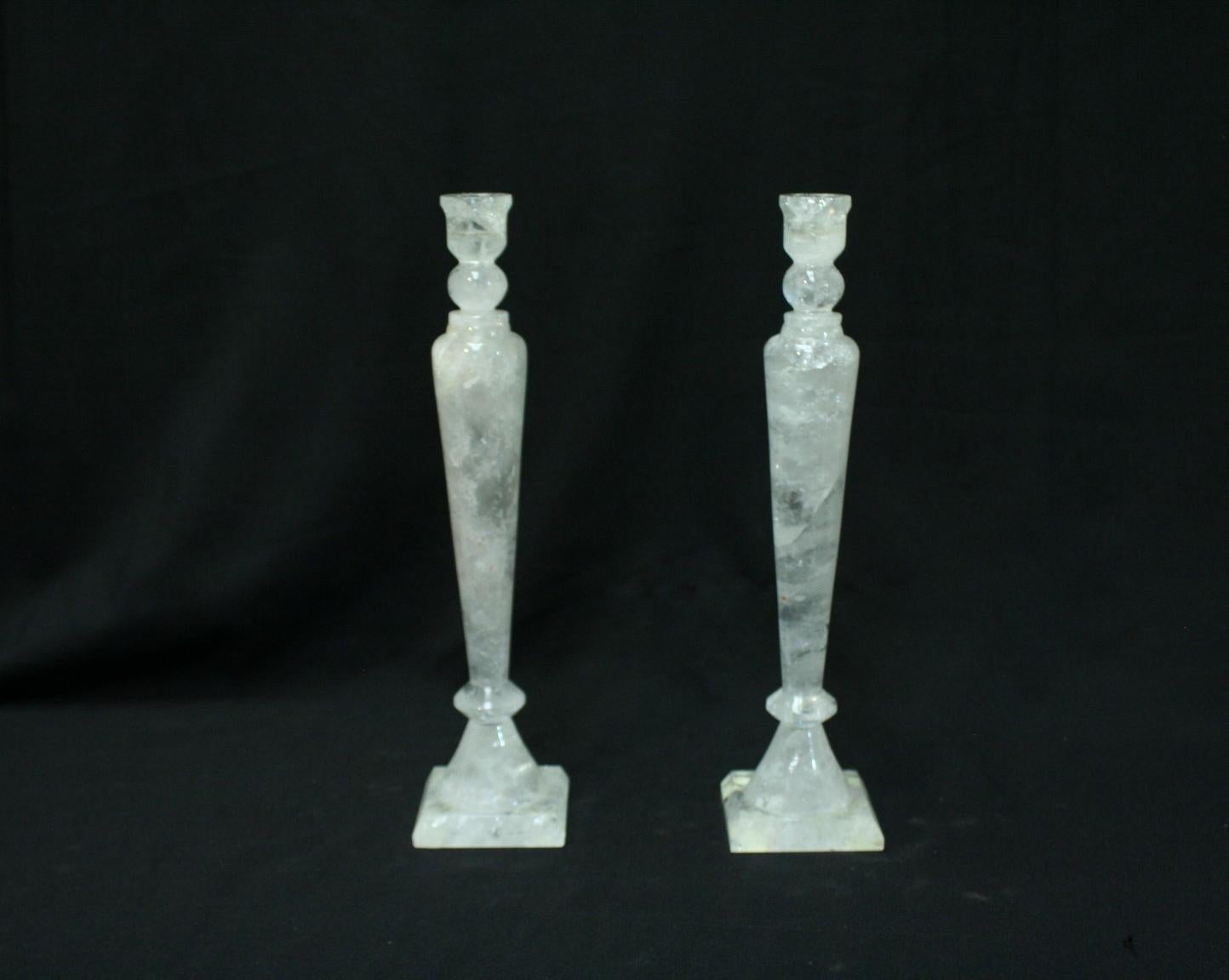 Pair of Rock Crystal Tall Candlesticks In Excellent Condition In Cypress, CA