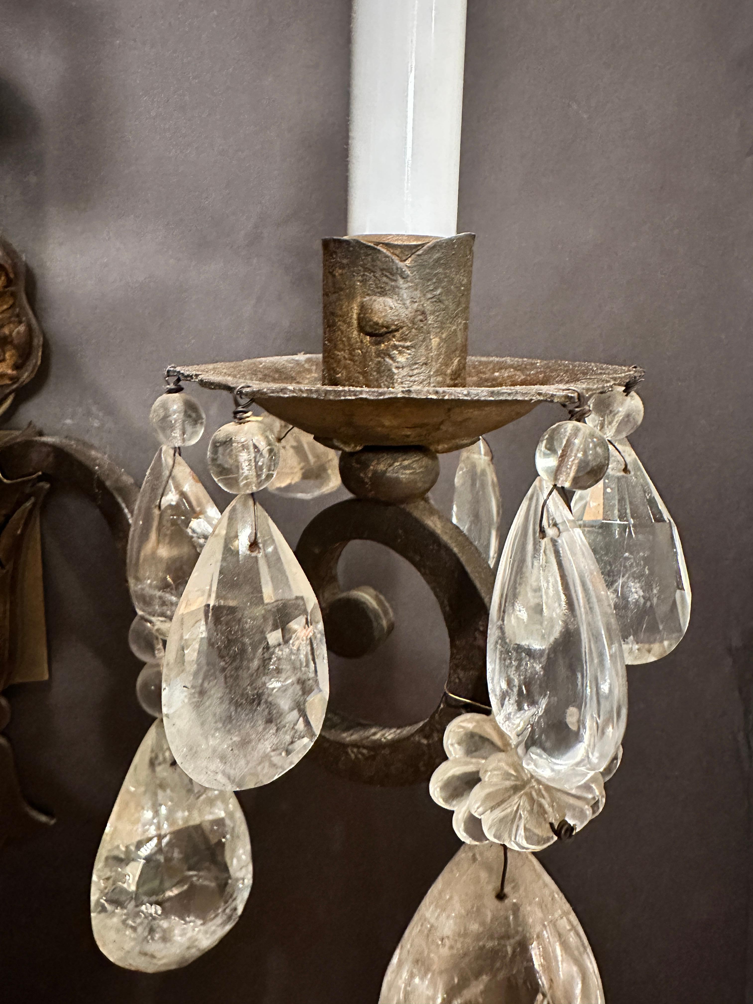 Pair Of Rock Crystal, Tole And Wrought Iron Wall Sconces For Sale 3