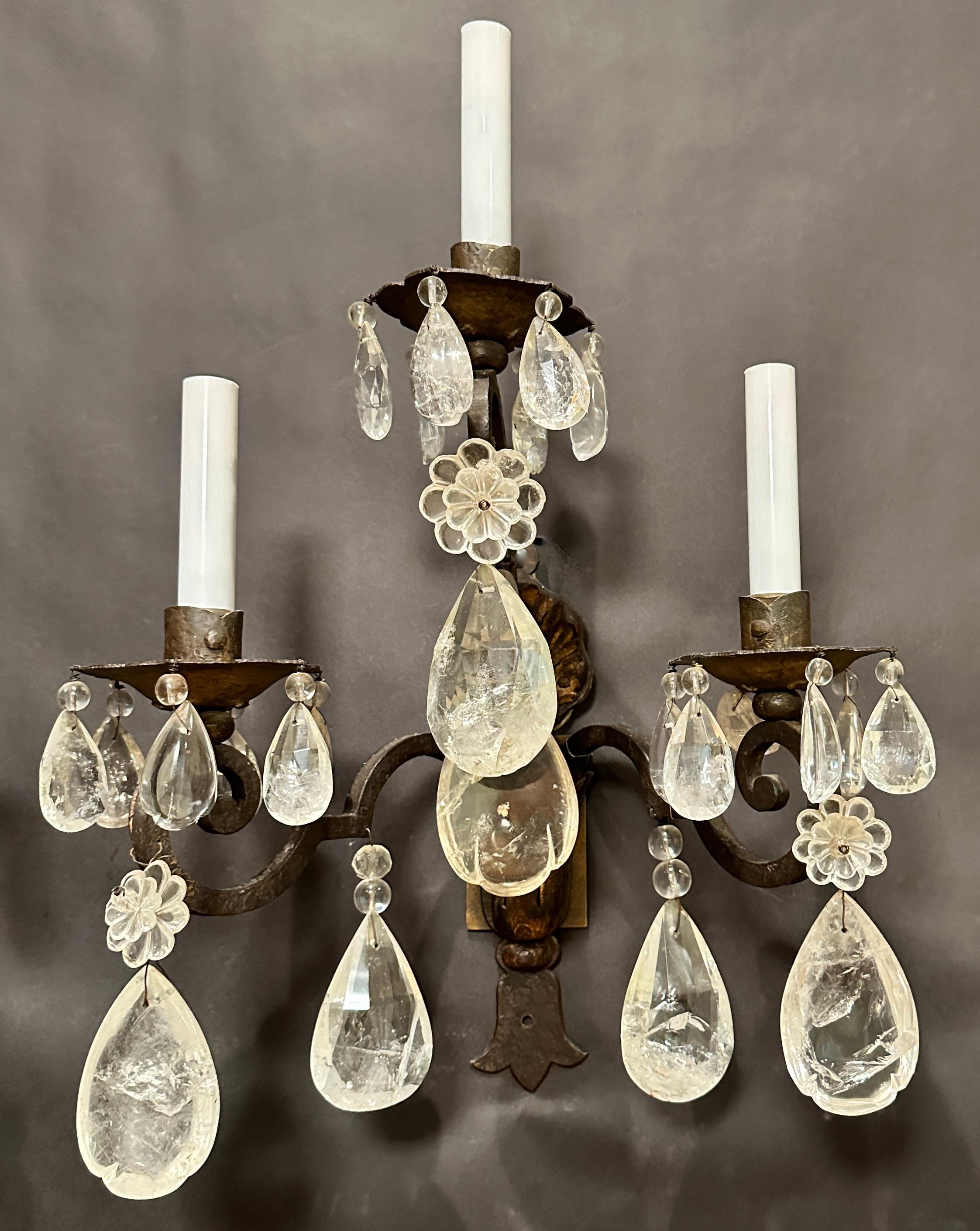 Renaissance Revival Pair Of Rock Crystal, Tole And Wrought Iron Wall Sconces For Sale